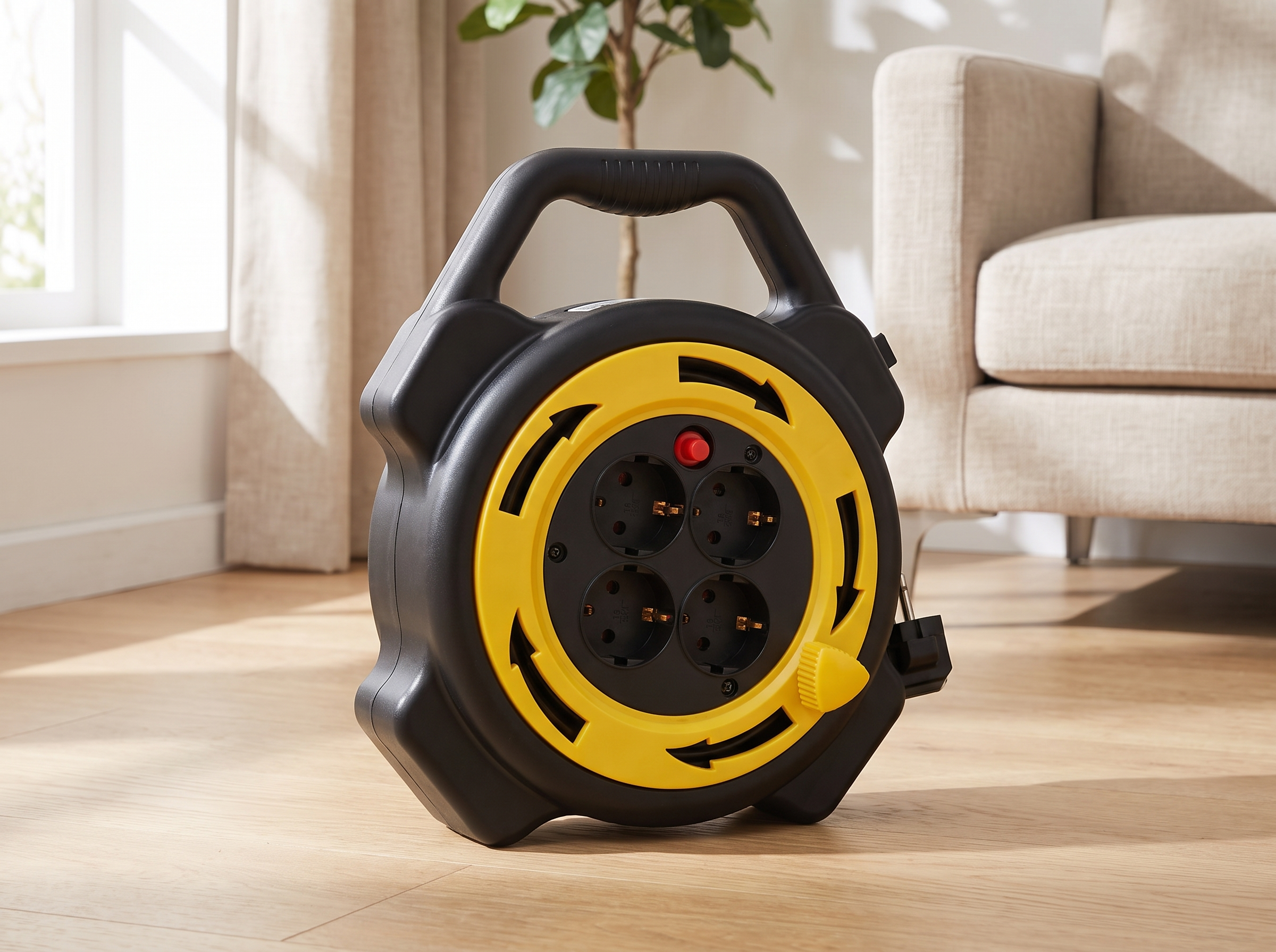 10M Retractable Extension Cord Reel with 4 EU Sockets and Carry Handle in a realistic home setting