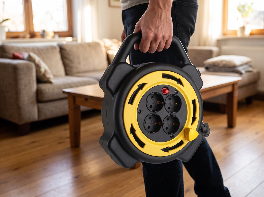 10M Retractable Extension Cord Reel with 4 EU Sockets and Carry Handle shown in natural everyday use at home