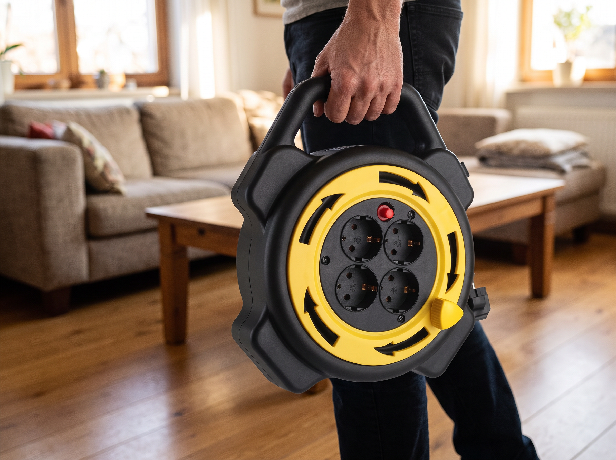 10M Retractable Extension Cord Reel with 4 EU Sockets and Carry Handle shown in natural everyday use at home