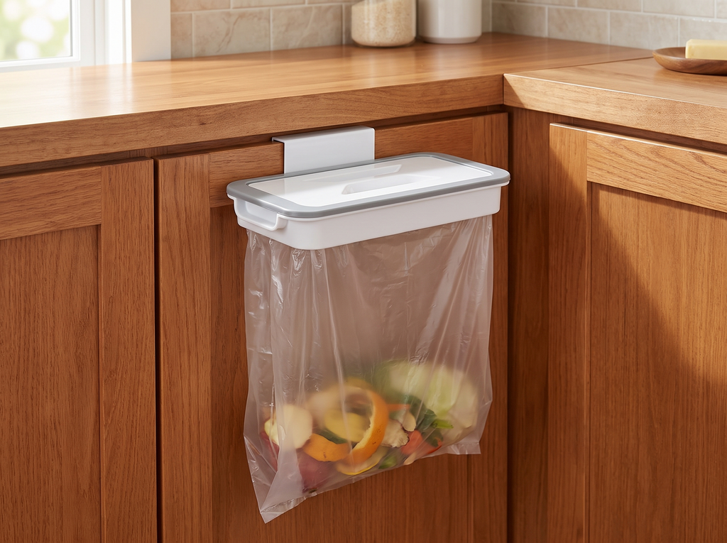 Over-the-Cabinet Trash Bag Holder with Lid – Space-Saving Kitchen Organizer in a realistic home setting