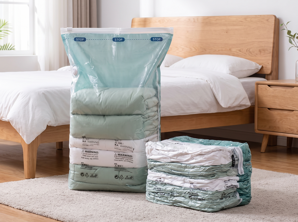 No-Pump Vacuum Storage Bags for Clothes, Bedding & Seasonal Organization in a realistic home setting
