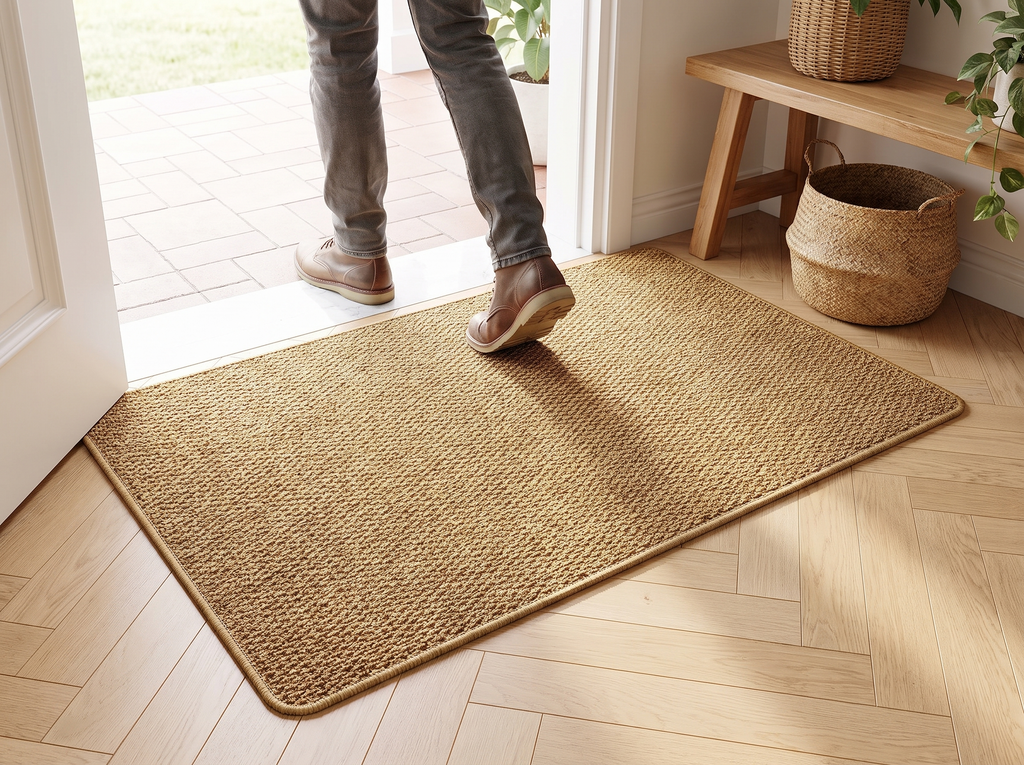 Machine-Woven Faux Jute Doormat for Entryway, Porch, or Patio – Multiple Sizes shown in natural everyday use at home