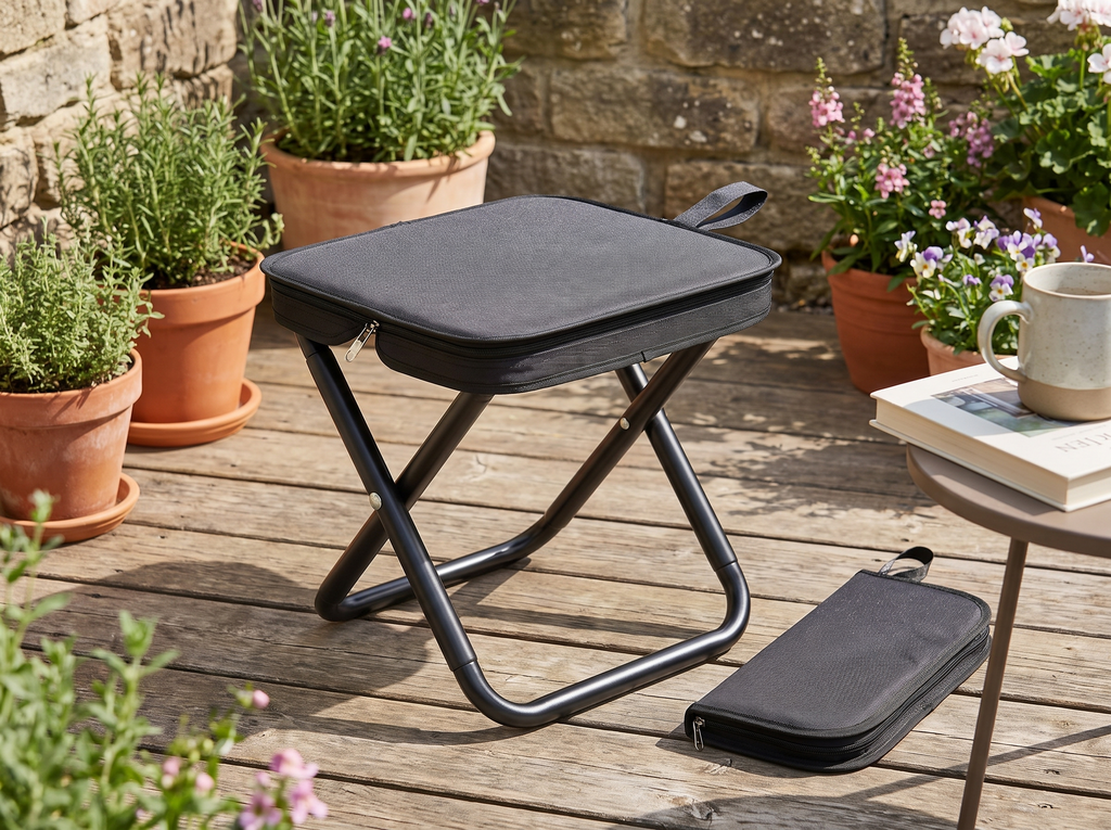 Folding Outdoor Stool with Handle – Lightweight, Zippered Seat for Camping or Garden in a realistic home setting