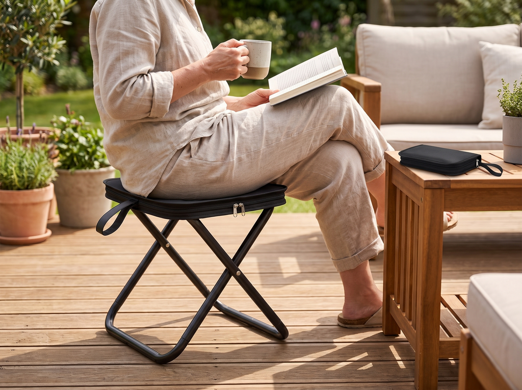 Folding Outdoor Stool with Handle – Lightweight, Zippered Seat for Camping or Garden shown in natural everyday use at home