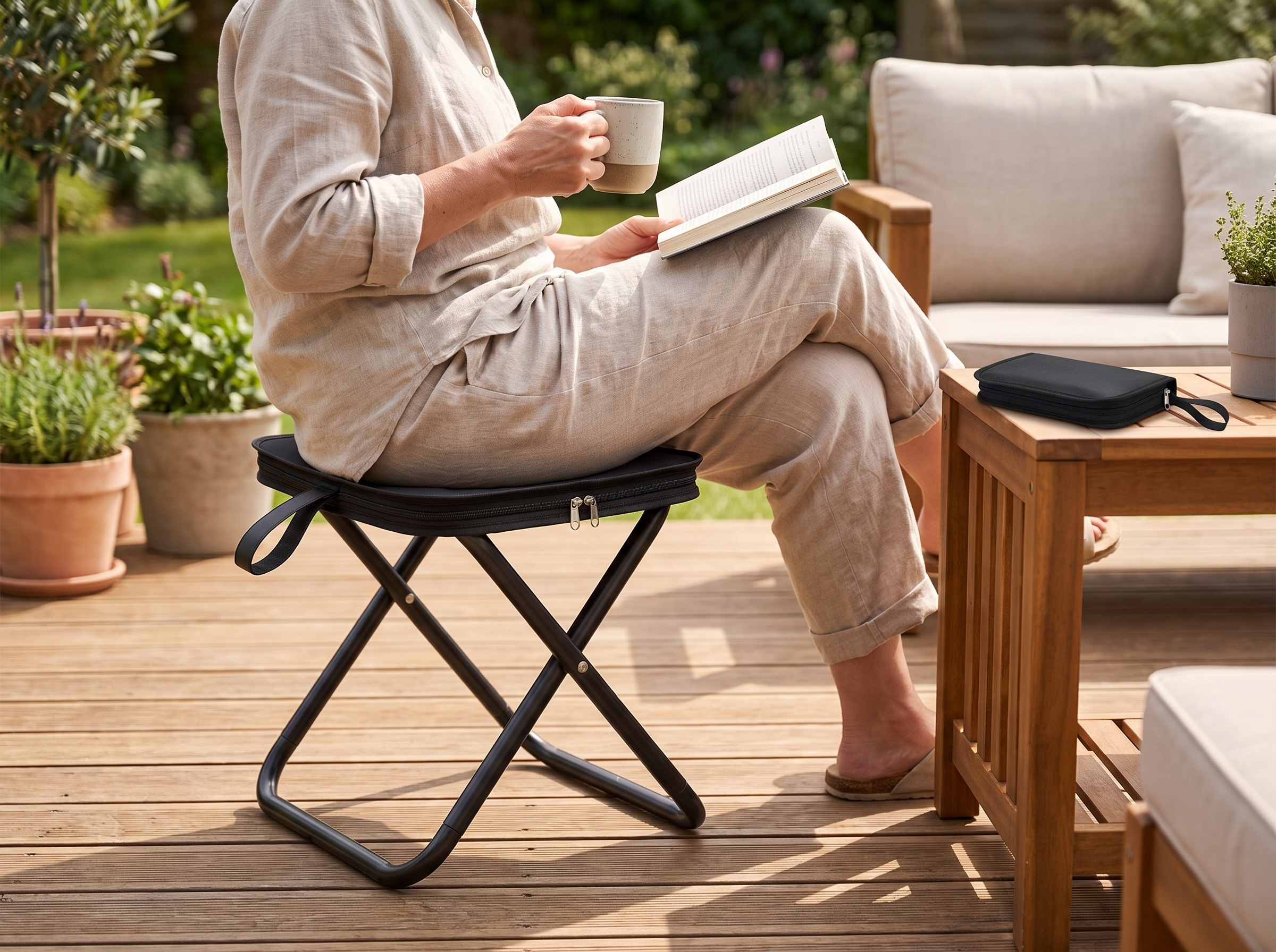 Folding Outdoor Stool with Handle – Lightweight, Zippered Seat for Camping or Garden shown in natural everyday use at home