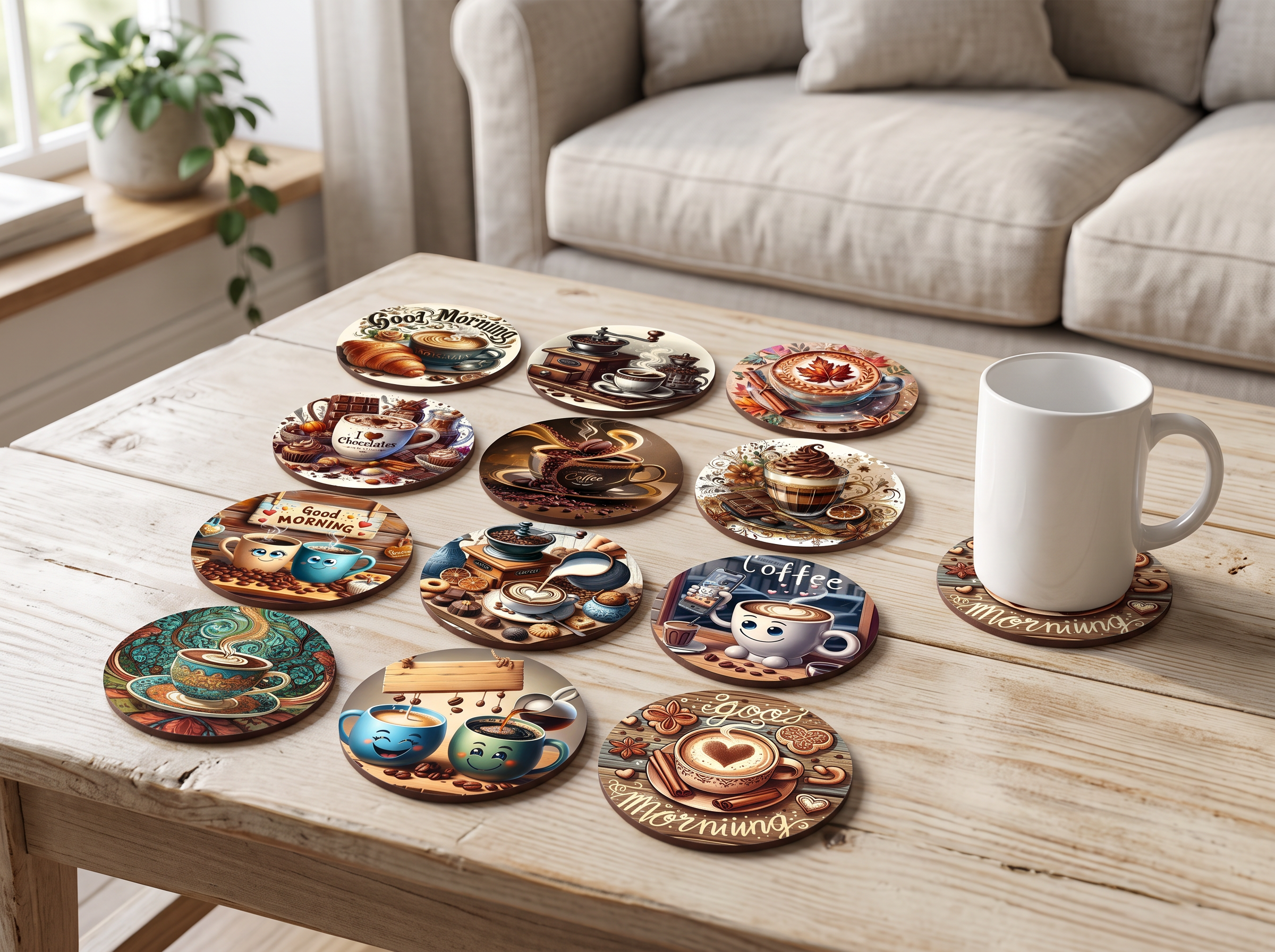 12-Piece Coffee Theme Wooden Coaster Set for Cozy Kitchen & Living Room in a realistic home setting