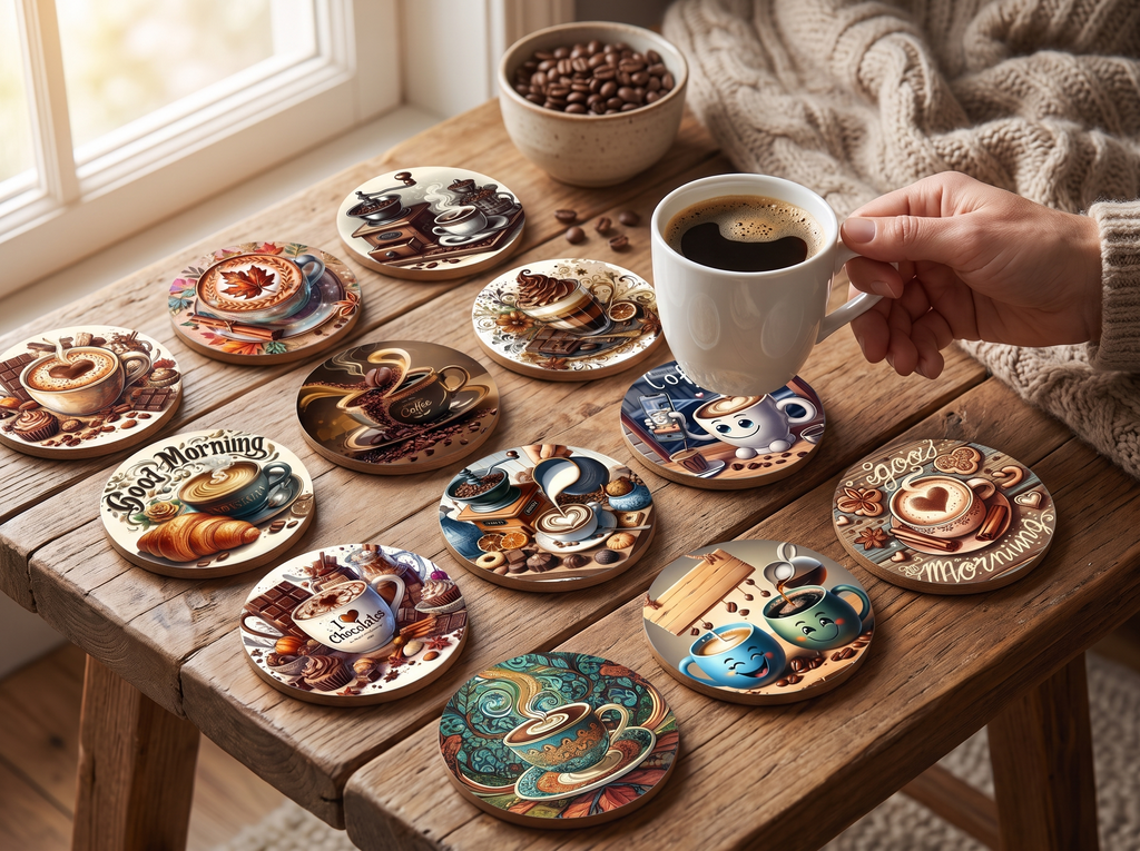 12-Piece Coffee Theme Wooden Coaster Set for Cozy Kitchen & Living Room shown in natural everyday use at home