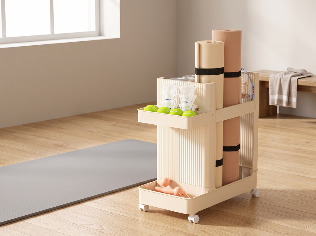 Rolling Sports Equipment Organizer Cart for Yoga Mats, Weights, and Home Gym Gear in a realistic home setting