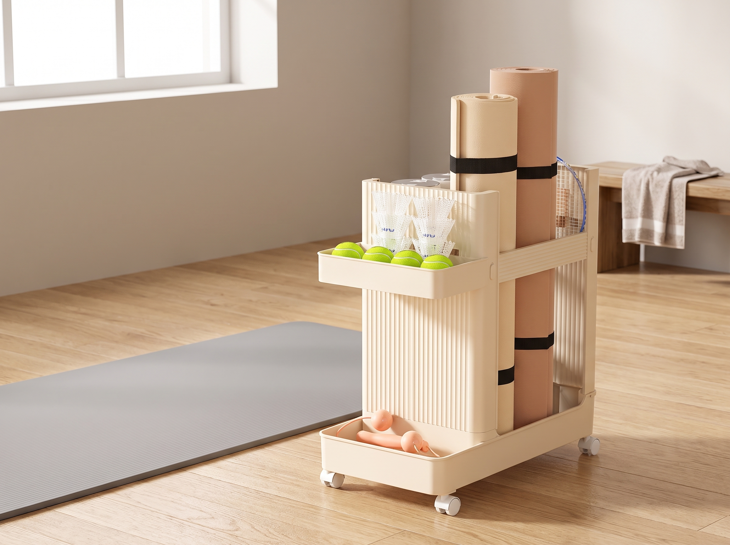 Rolling Sports Equipment Organizer Cart for Yoga Mats, Weights, and Home Gym Gear in a realistic home setting