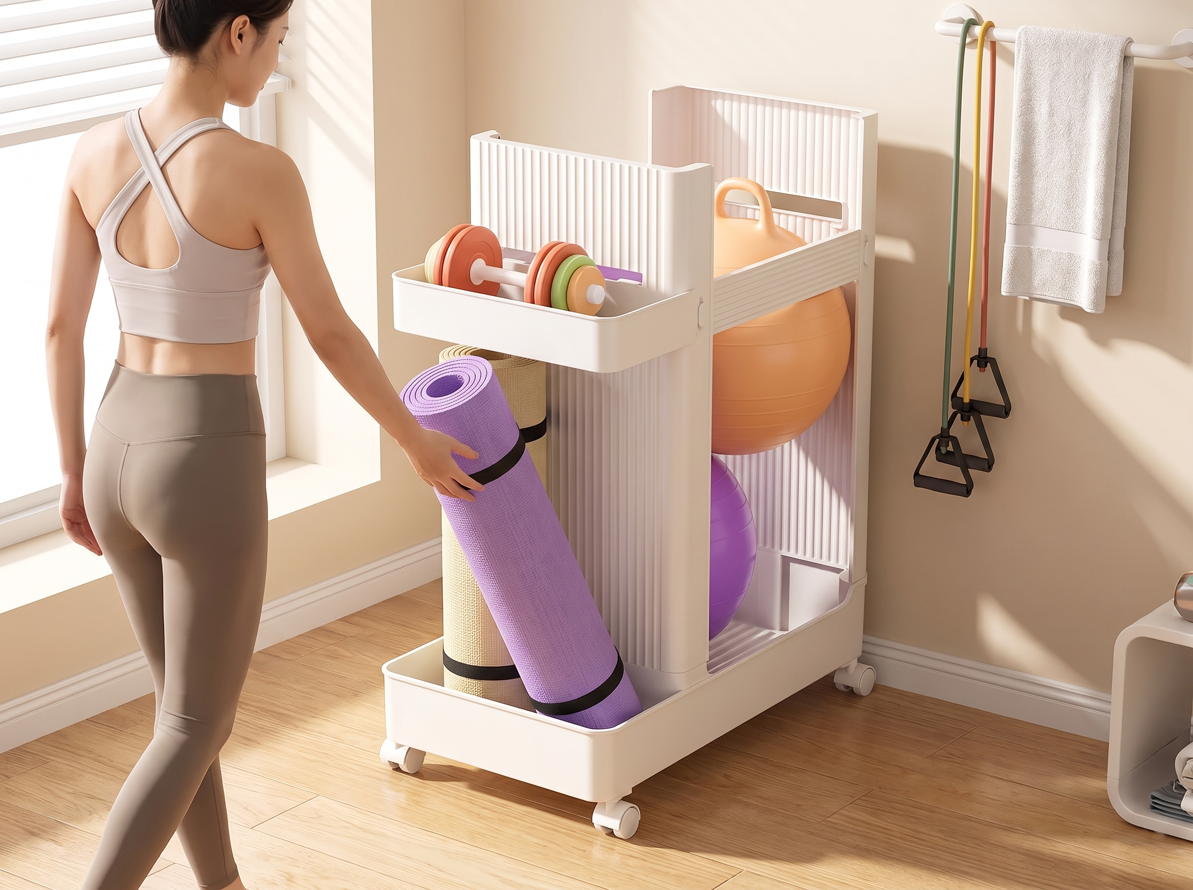 Rolling Sports Equipment Organizer Cart for Yoga Mats, Weights, and Home Gym Gear shown in natural everyday use at home