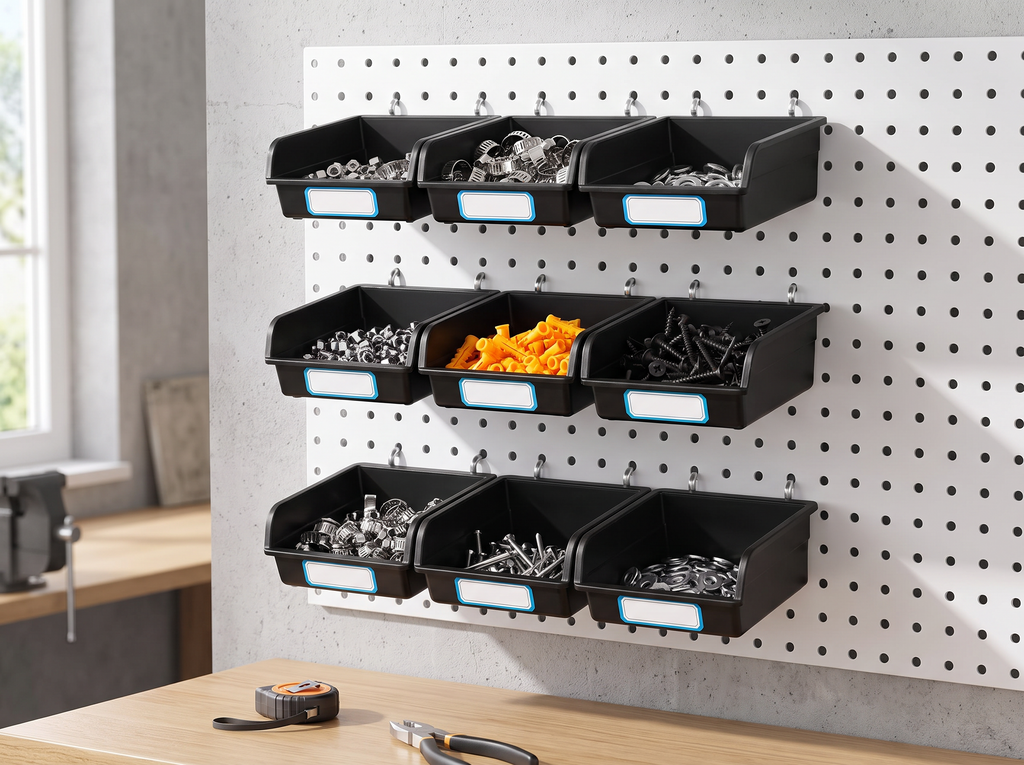 Pegboard Storage Bins with Hooks and Labels for Garage, Workshop, or Home Utility Walls in a realistic home setting