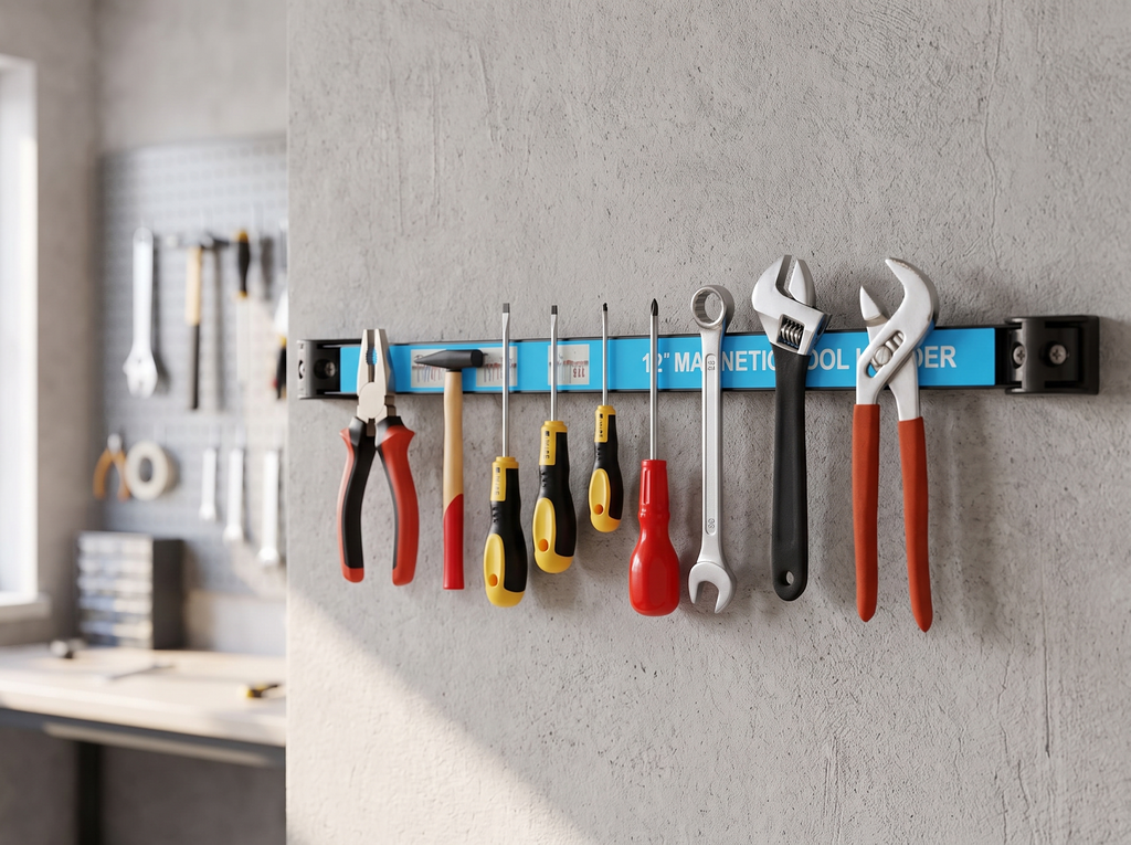 Magnetic Tool Holder Strip for Wall Storage in Garage, Kitchen, or Workshop in a realistic home setting
