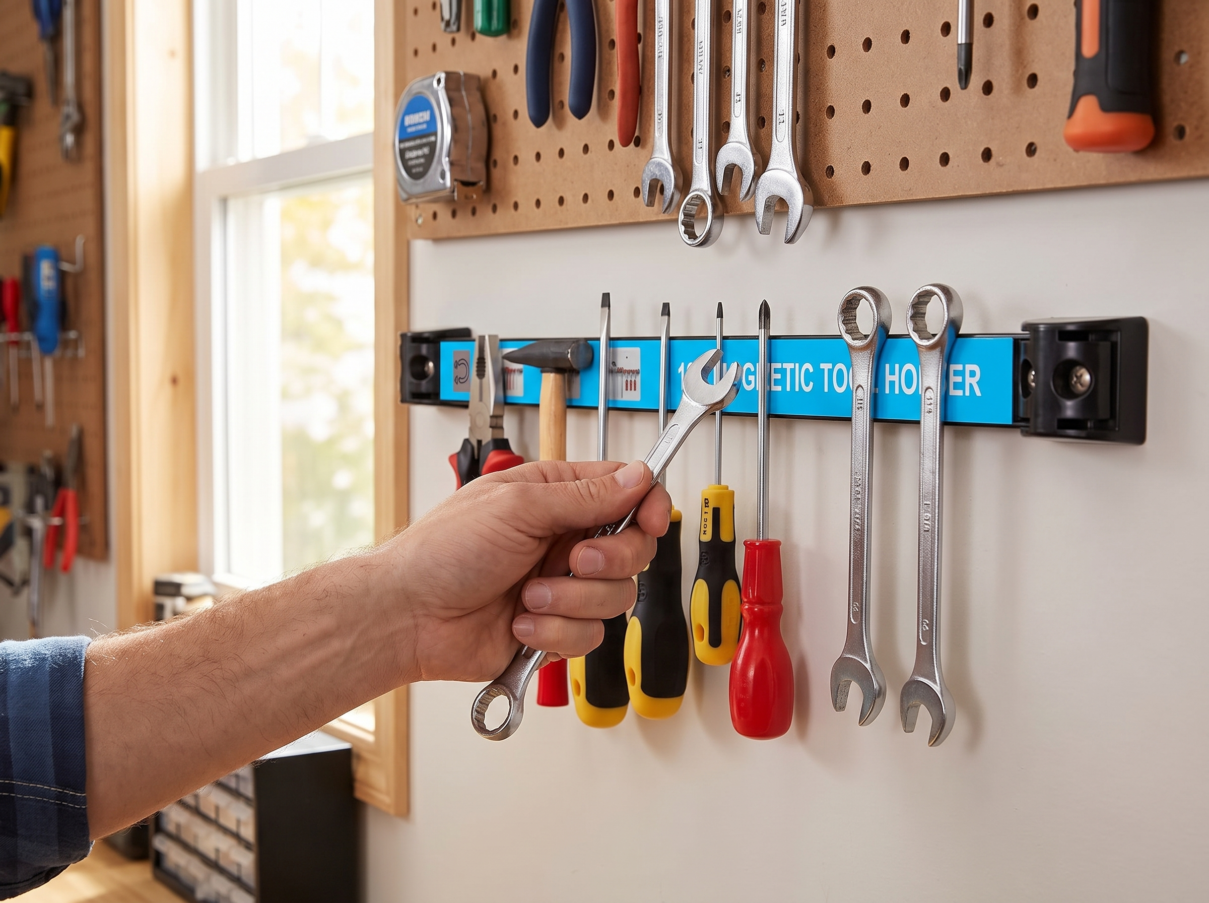 Magnetic Tool Holder Strip for Wall Storage in Garage, Kitchen, or Workshop shown in natural everyday use at home