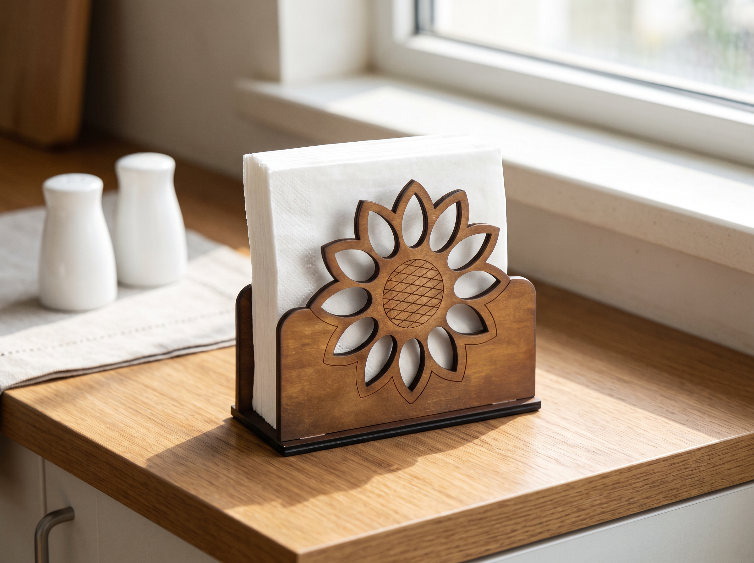 Wooden Sunflower Napkin Holder for Kitchen or Dining Table in a realistic home setting