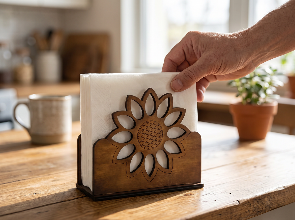 Wooden Sunflower Napkin Holder for Kitchen or Dining Table shown in natural everyday use at home