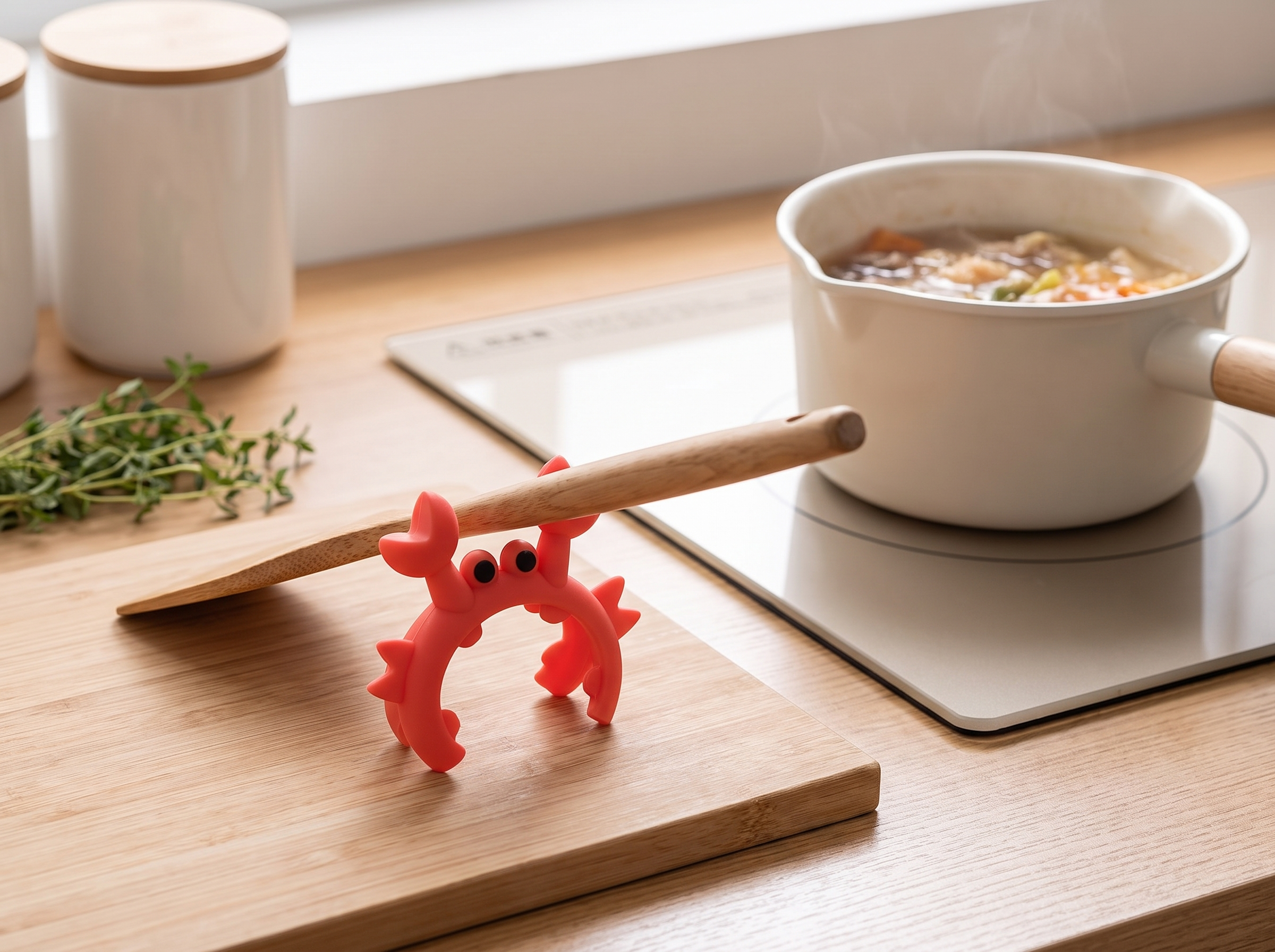 Crab-Shaped Silicone Utensil Rest for Kitchen Counters and Stove Handles in a realistic home setting