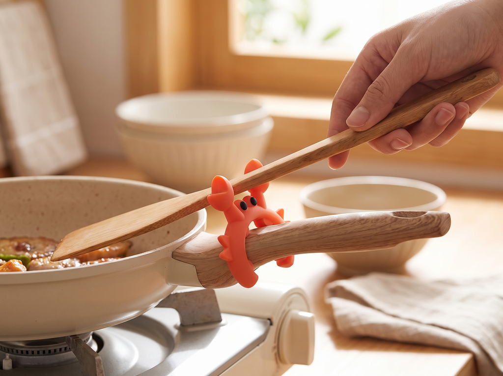 Crab-Shaped Silicone Utensil Rest for Kitchen Counters and Stove Handles shown in natural everyday use at home