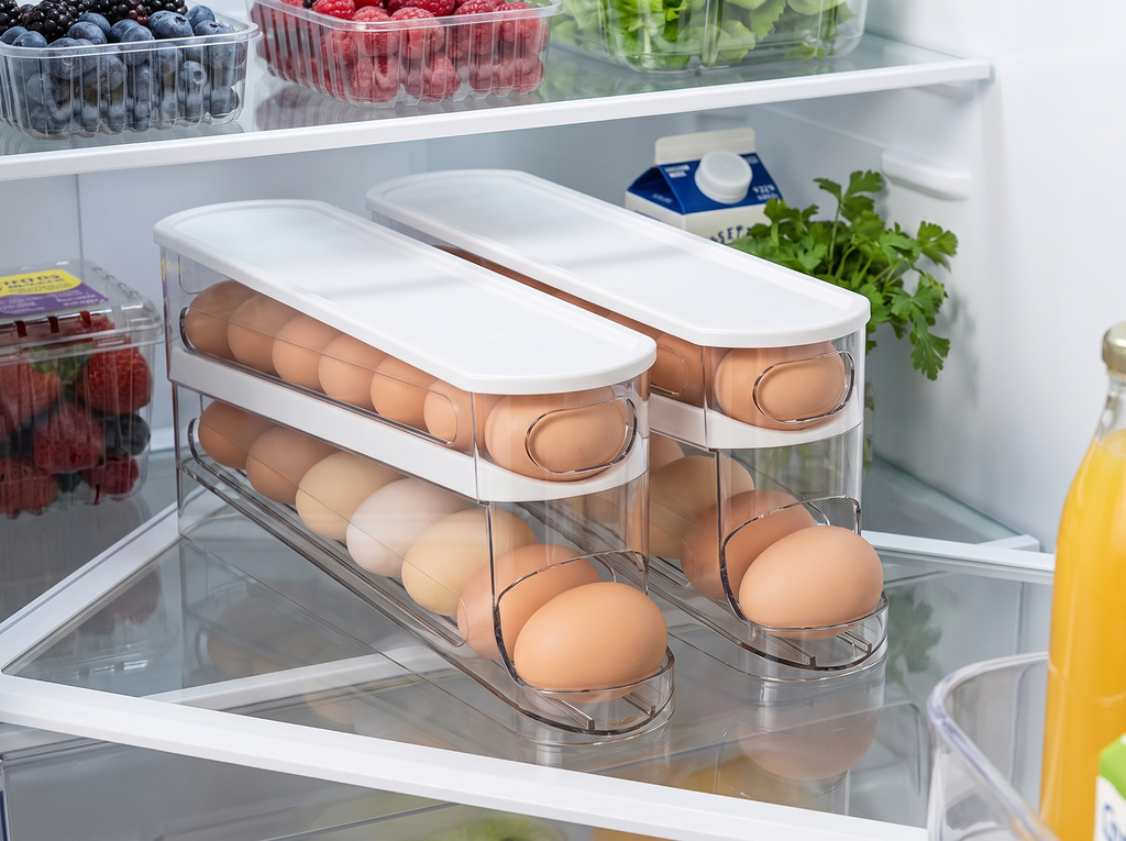 Double-Layer Rolling Egg Organizer for Fridge with Easy-Access Dispenser in a realistic home setting