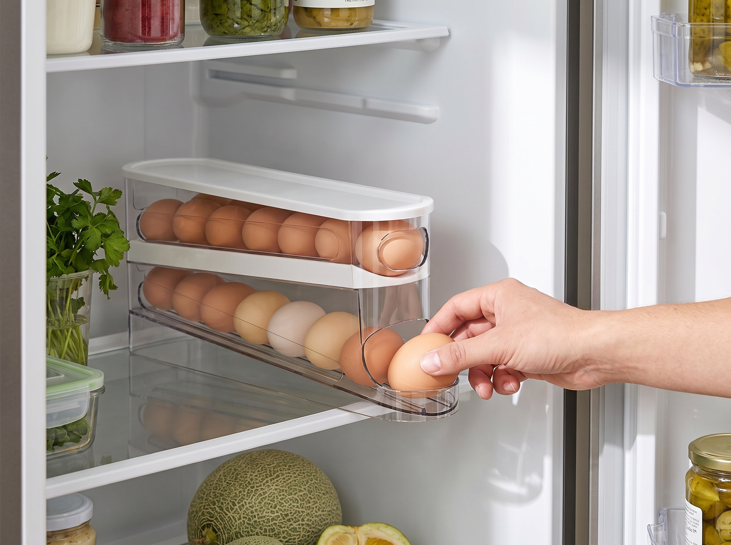 Double-Layer Rolling Egg Organizer for Fridge with Easy-Access Dispenser shown in natural everyday use at home