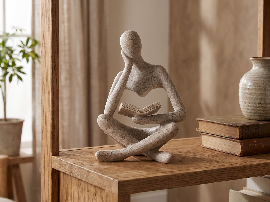 Abstract Reader Resin Sculpture for Bookshelf or Coffee Table Decor in a realistic home setting