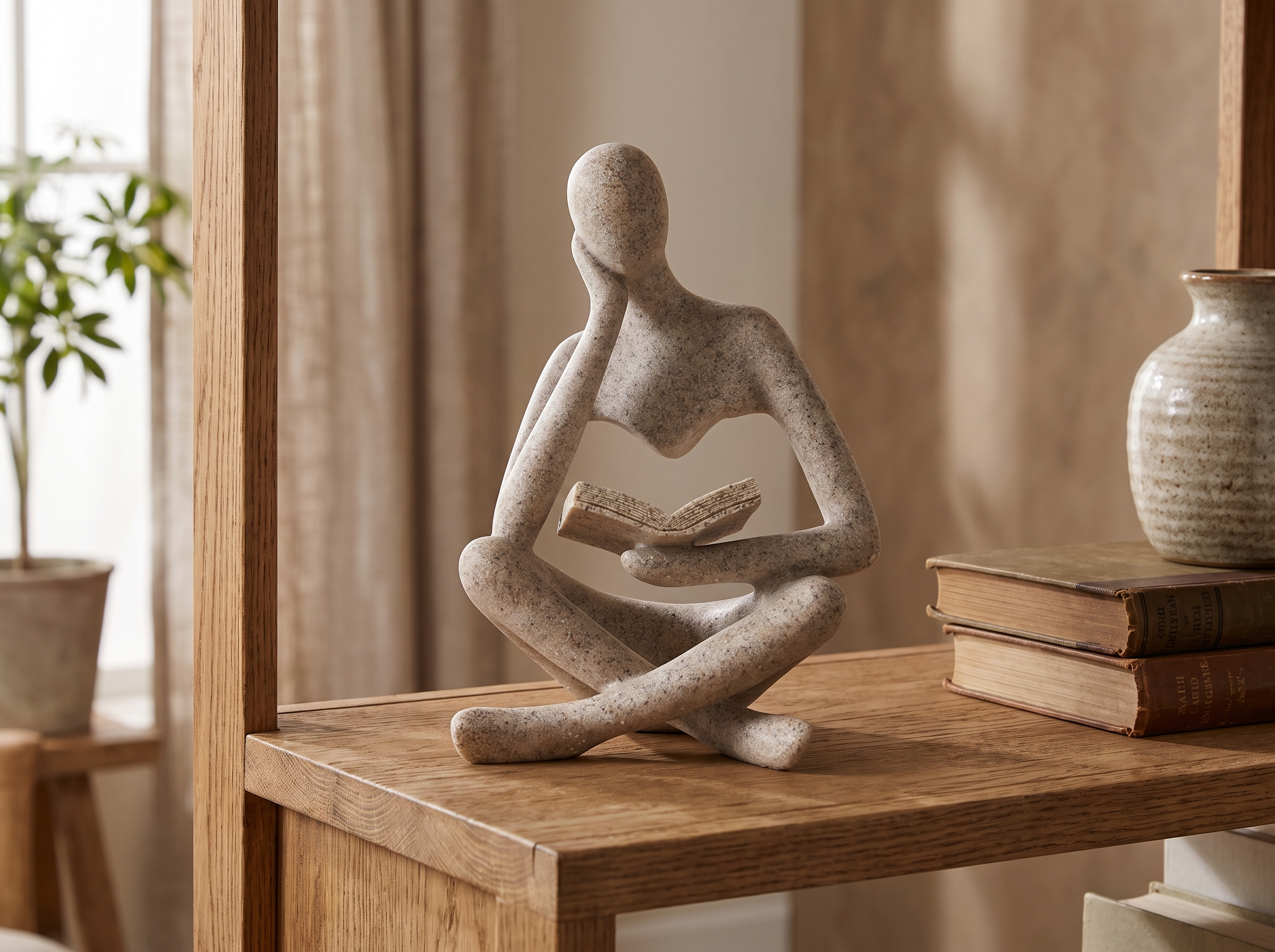 Abstract Reader Resin Sculpture for Bookshelf or Coffee Table Decor in a realistic home setting