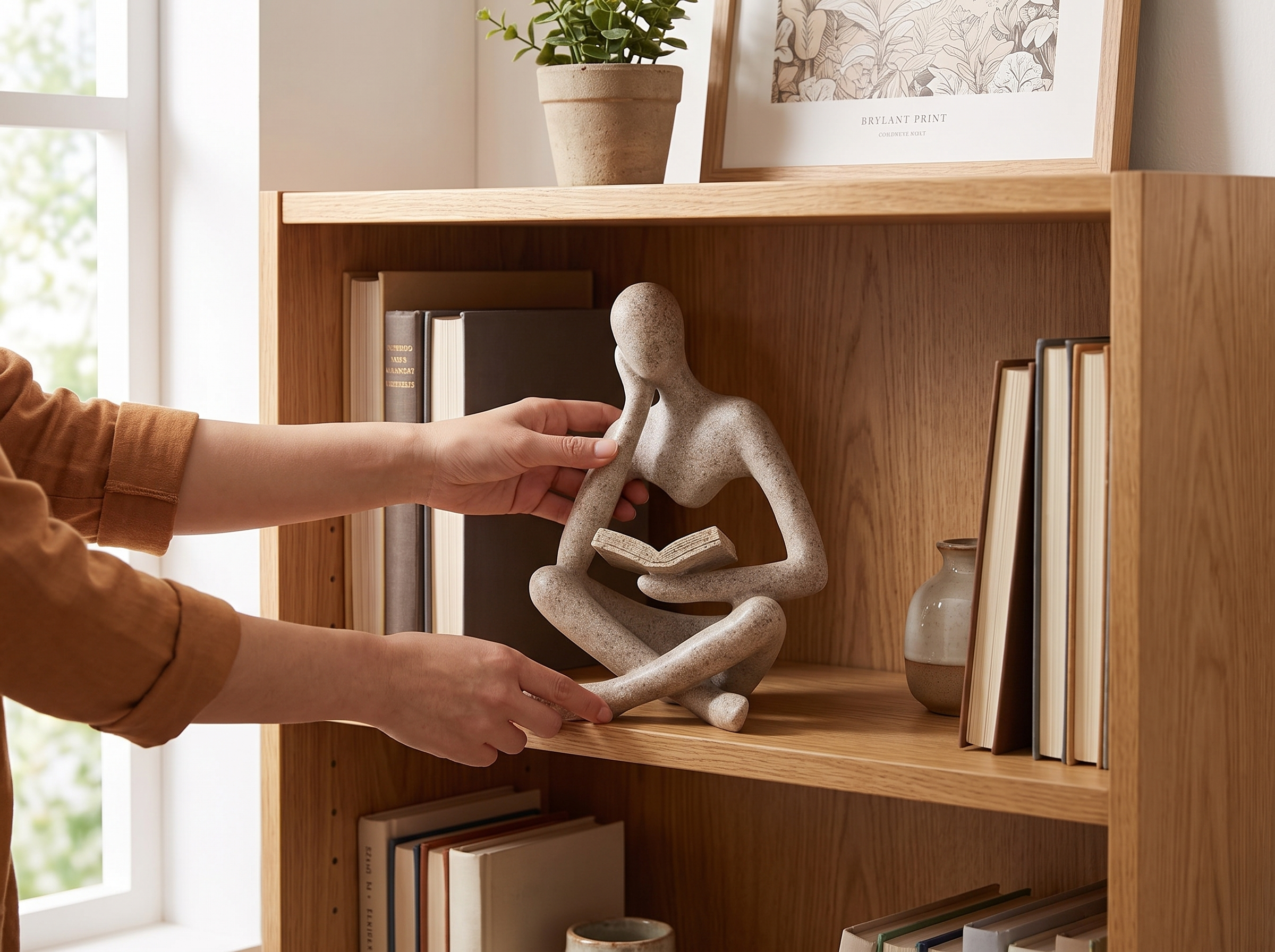 Abstract Reader Resin Sculpture for Bookshelf or Coffee Table Decor shown in natural everyday use at home