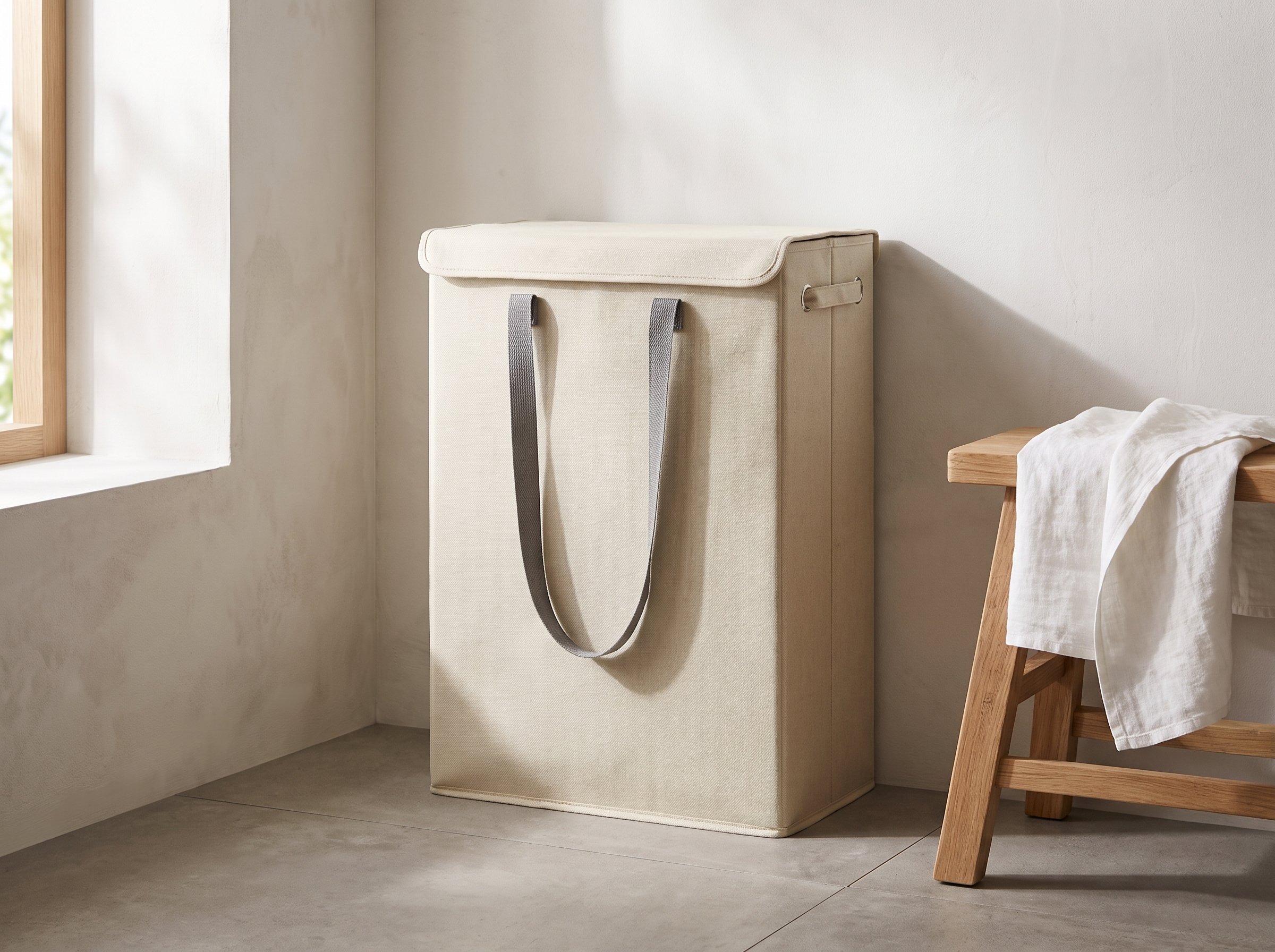 Slim 45L Foldable Laundry Hamper with Handles and Lid in Beige in a realistic home setting