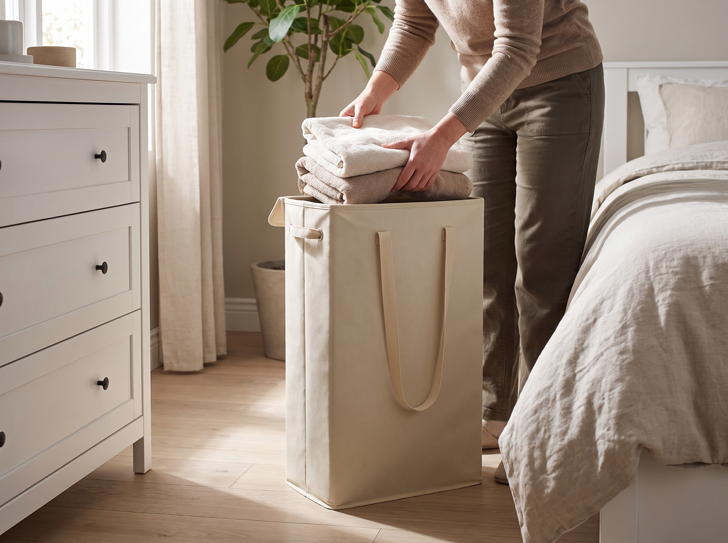 Slim 45L Foldable Laundry Hamper with Handles and Lid in Beige shown in natural everyday use at home
