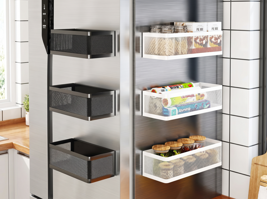 Magnetic Metal Storage Basket for Refrigerator or Laundry — No-Drill Organizer in a realistic home setting