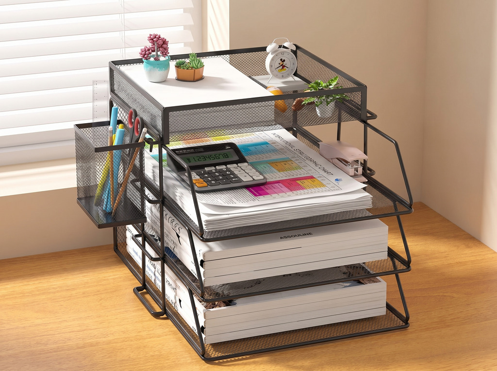 Mesh Metal Desk Organizer with Multi-Tier Document Trays and Pen Holder in a realistic home setting