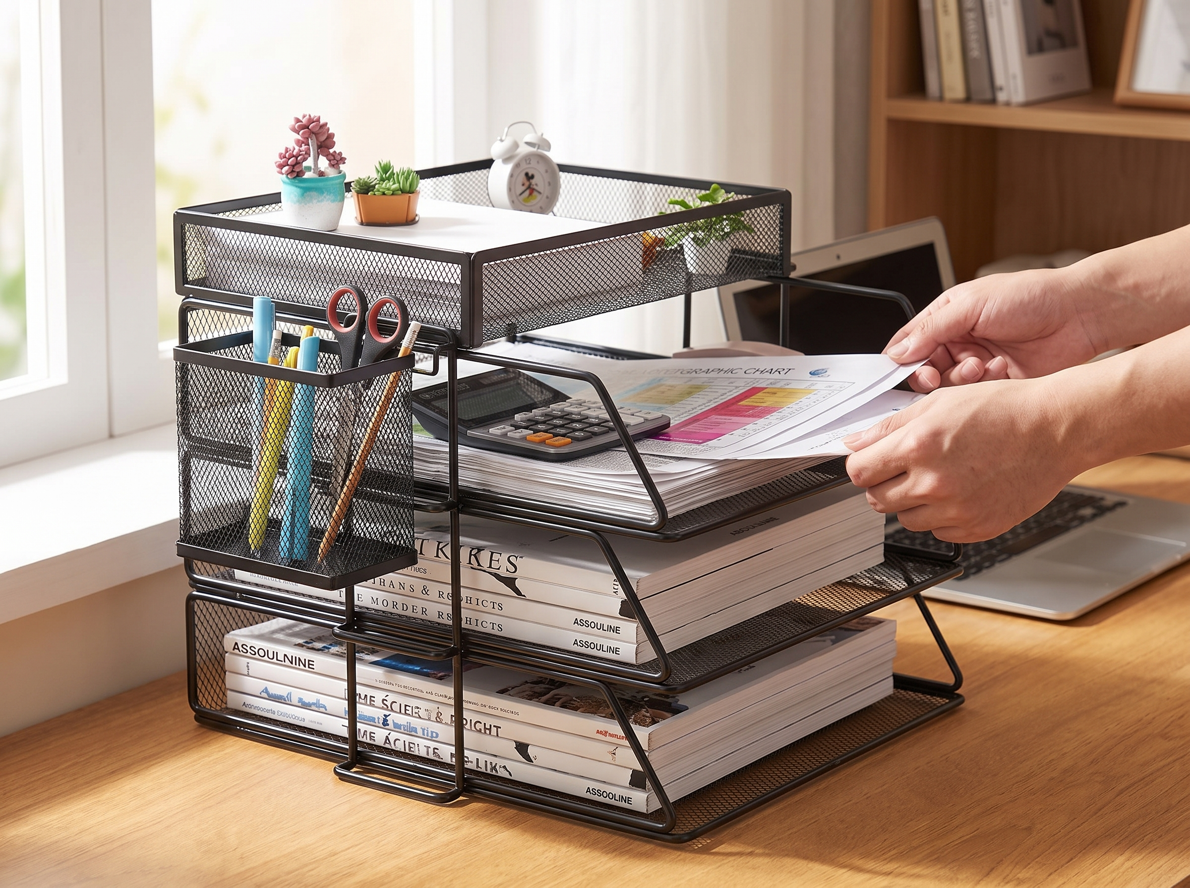 Mesh Metal Desk Organizer with Multi-Tier Document Trays and Pen Holder shown in natural everyday use at home