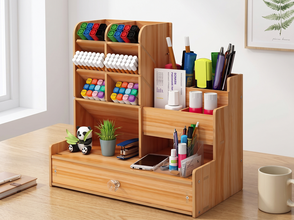 Wood Desktop Organizer with Drawer for Pens, Stationery, and Home Office Supplies in a realistic home setting