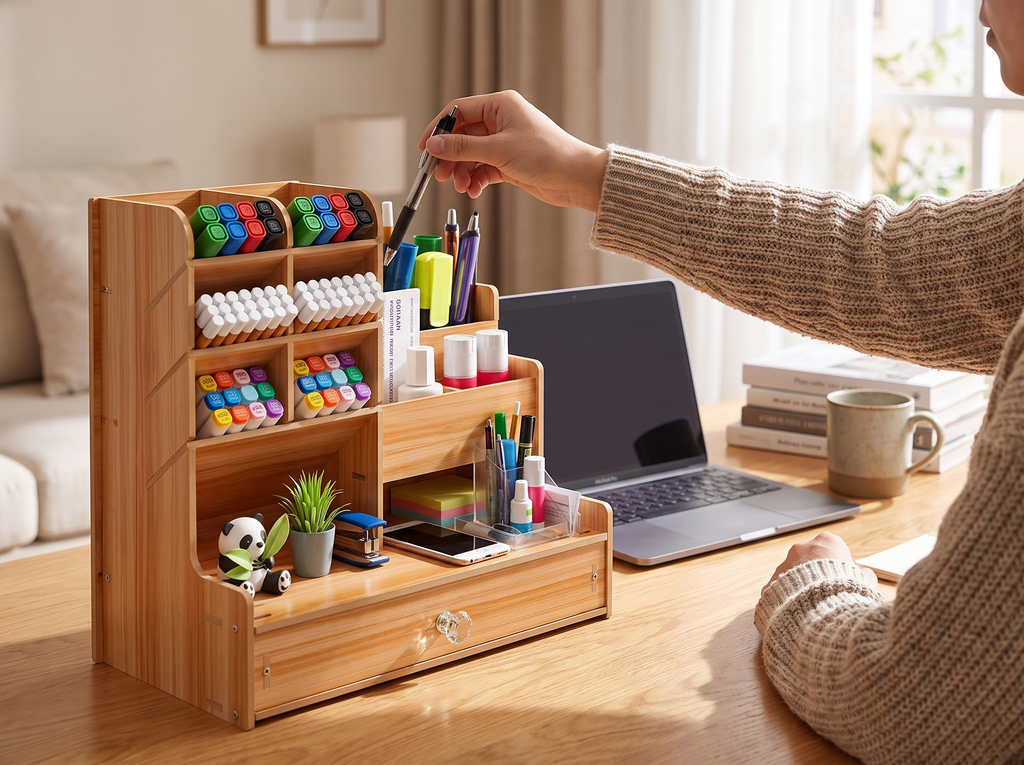 Wood Desktop Organizer with Drawer for Pens, Stationery, and Home Office Supplies shown in natural everyday use at home