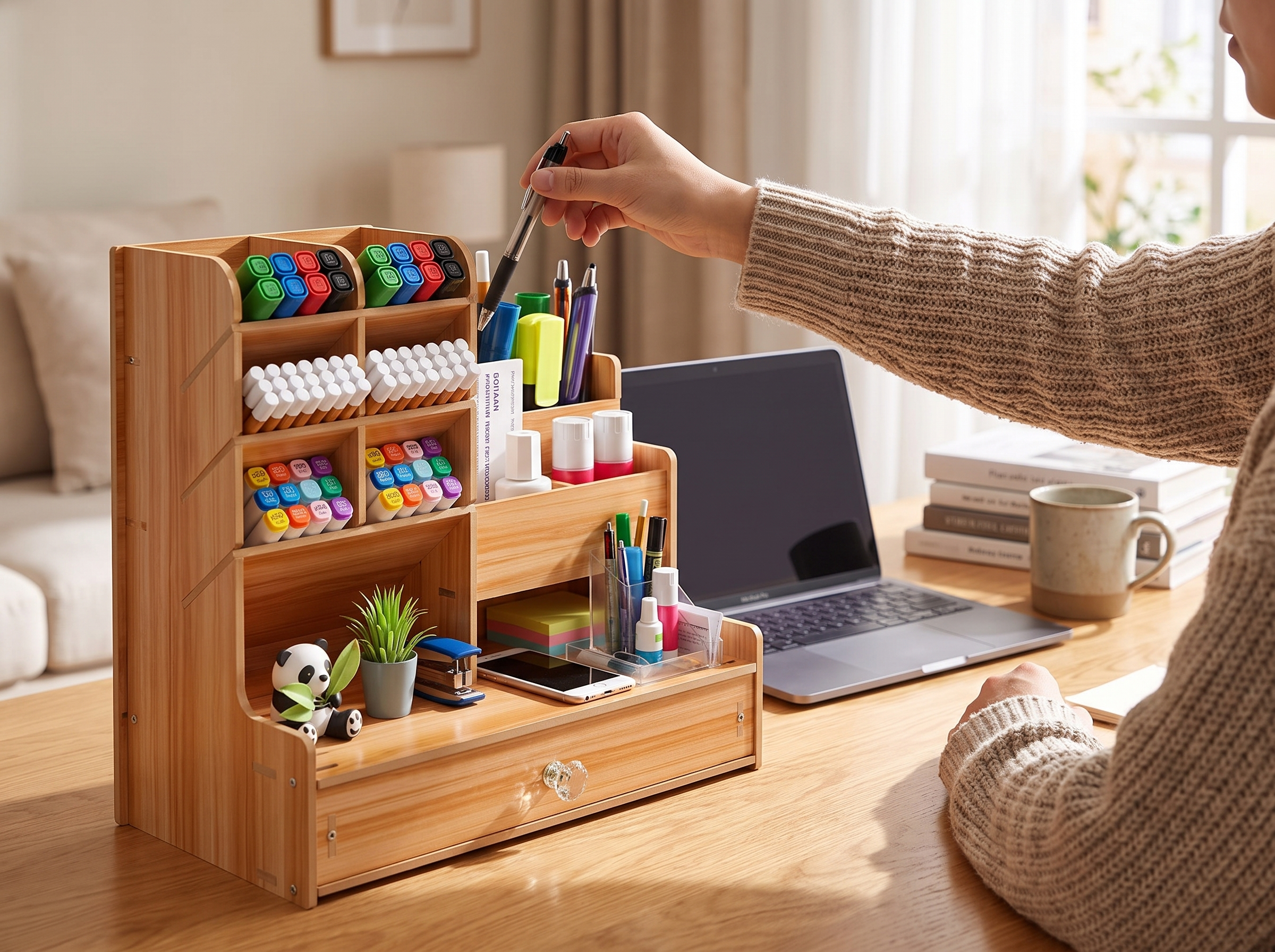 Wood Desktop Organizer with Drawer for Pens, Stationery, and Home Office Supplies shown in natural everyday use at home
