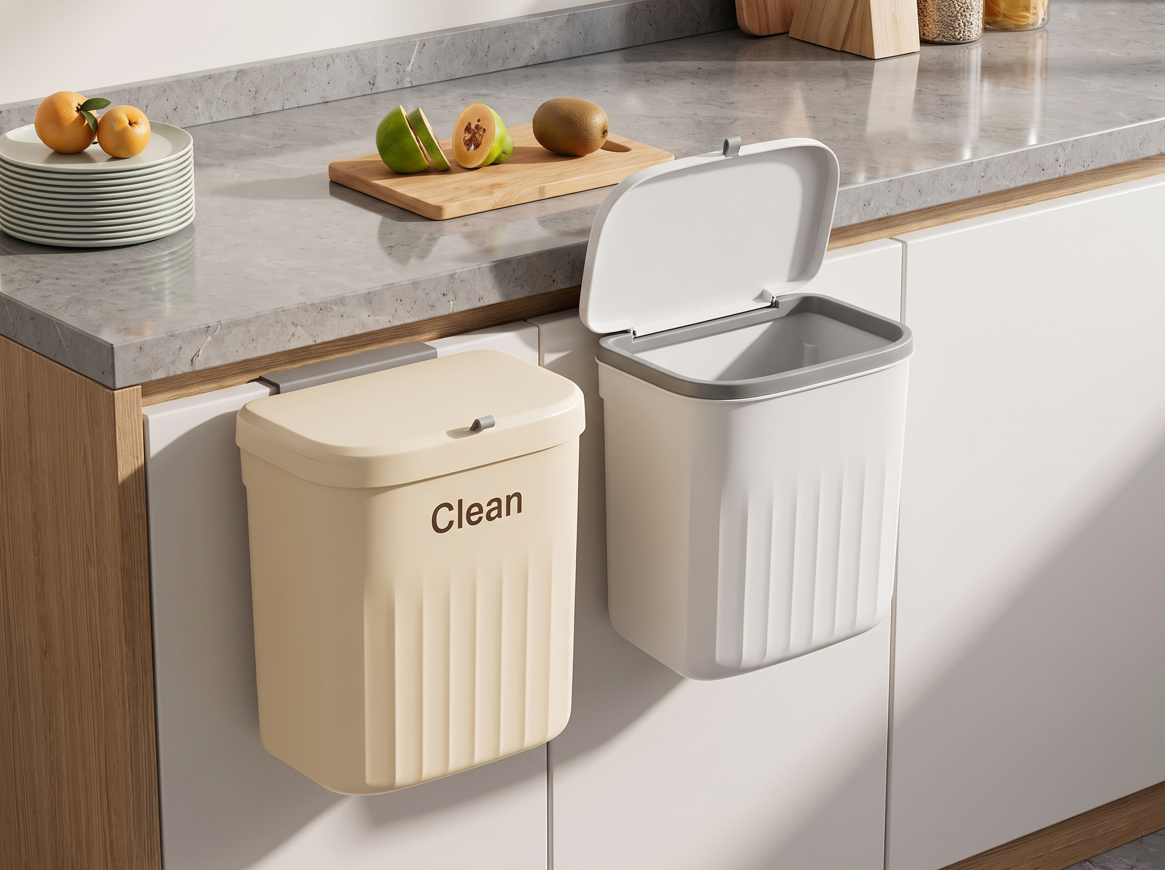 Wall-Mounted Kitchen Trash Bin with Lid, 8.5L or 12L, for Cabinets and Under Sink in a realistic home setting