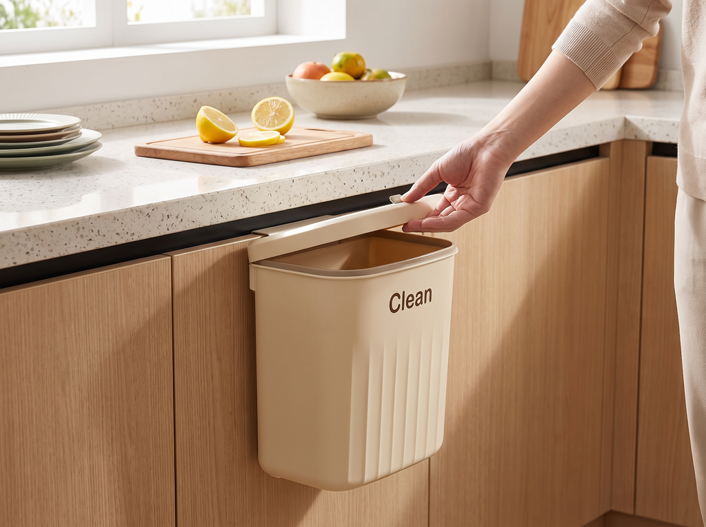 Wall-Mounted Kitchen Trash Bin with Lid, 8.5L or 12L, for Cabinets and Under Sink shown in natural everyday use at home
