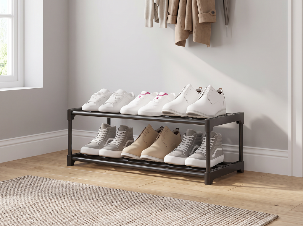 Adjustable Two-Tier Shoe Rack for Entryway or Closet, Black or White in a realistic home setting
