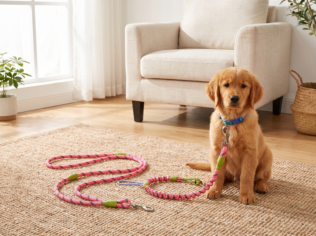 Hands-Free Double Dog Leash with Elastic Rope for Walking and Running in a realistic home setting