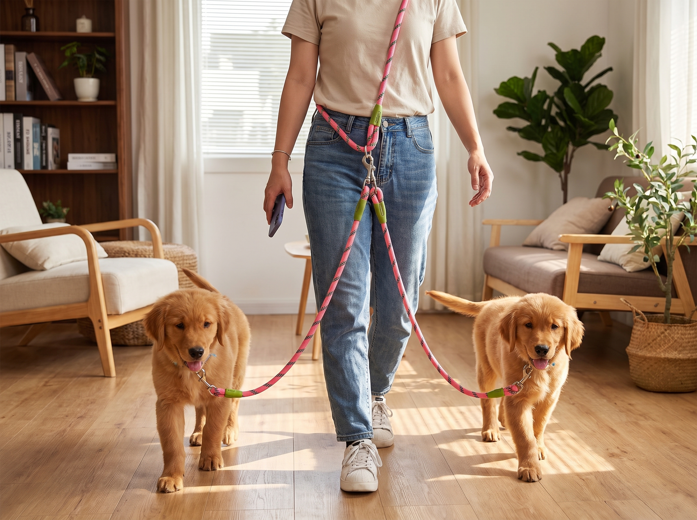 Hands-Free Double Dog Leash with Elastic Rope for Walking and Running shown in natural everyday use at home