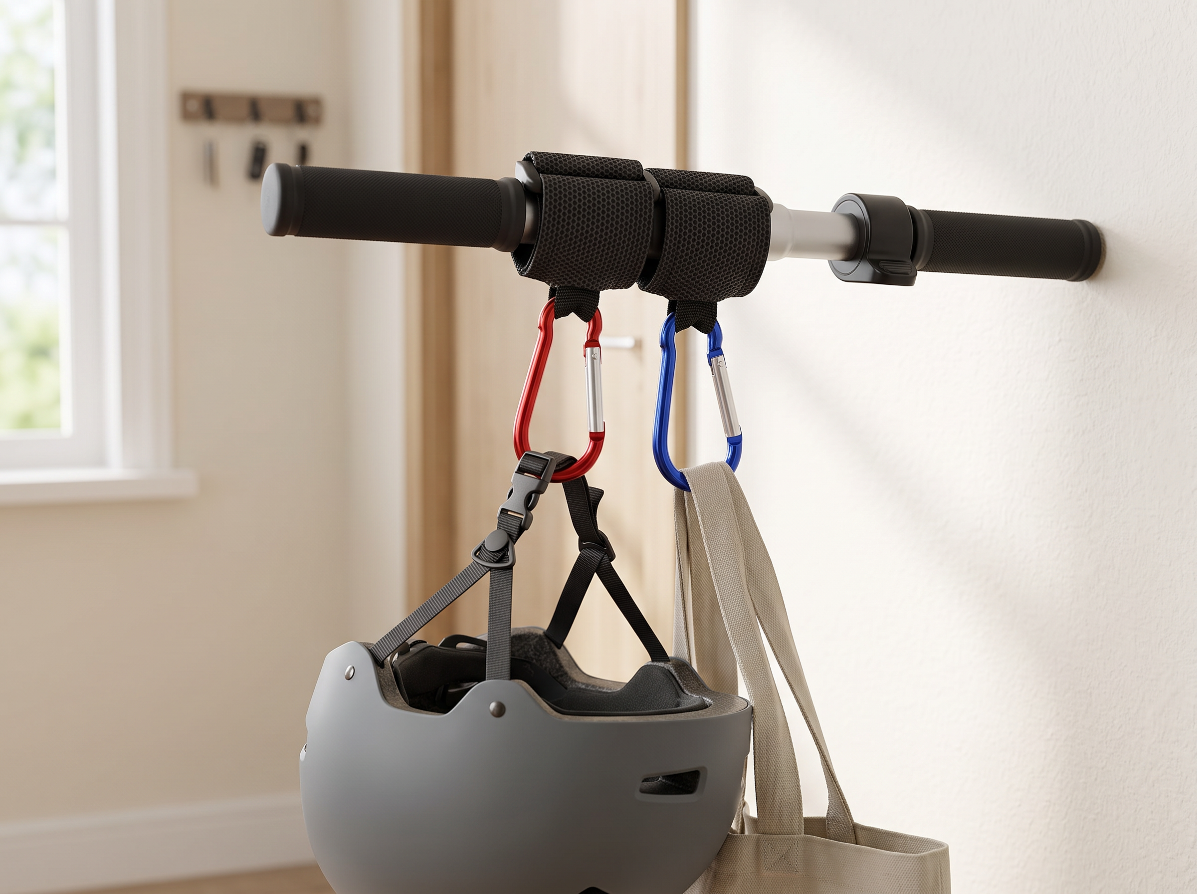 Handlebar Locking Hook for Helmets and Bags – Universal Bike & Scooter Storage in a realistic home setting