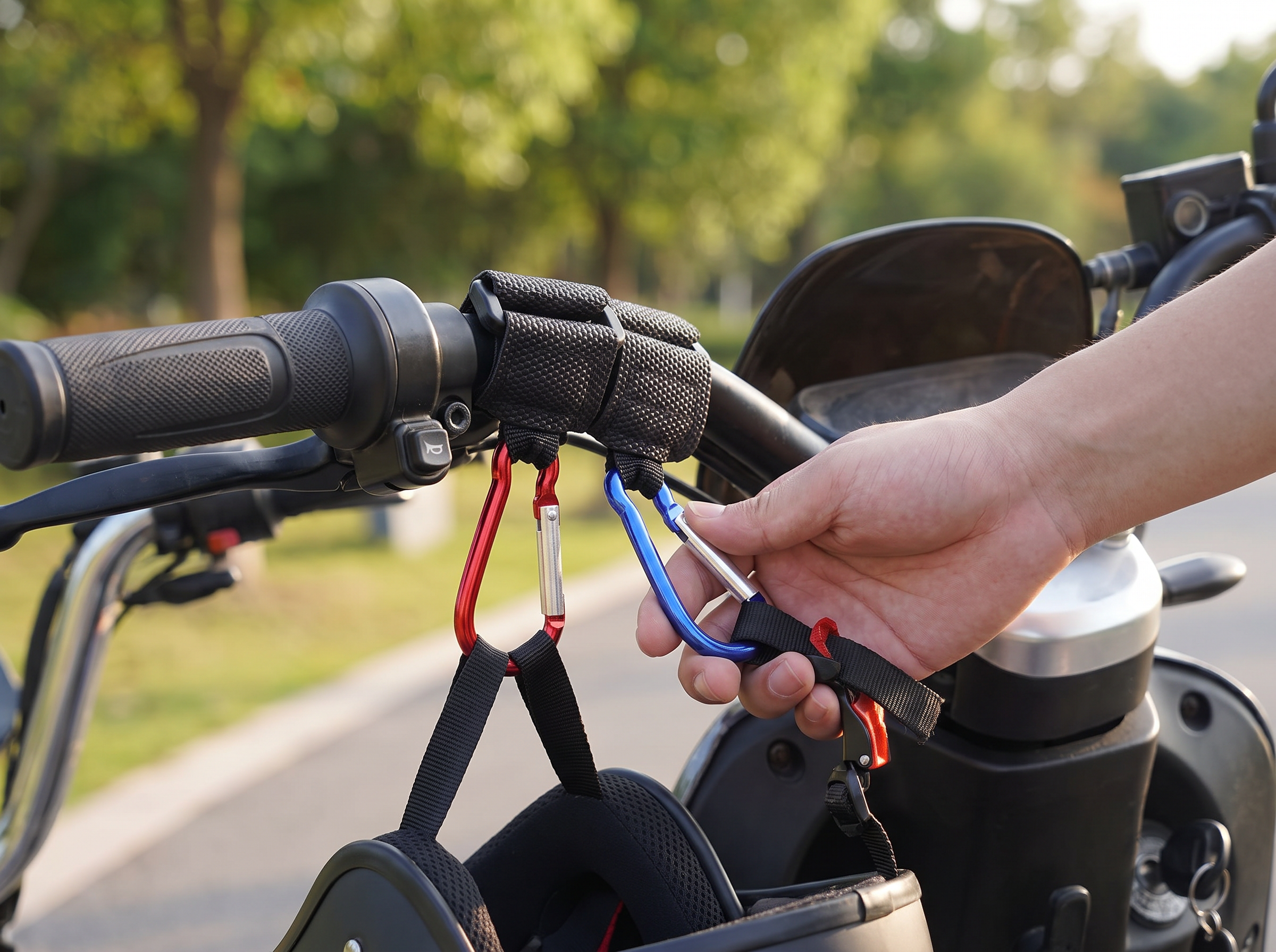 Handlebar Locking Hook for Helmets and Bags – Universal Bike & Scooter Storage shown in natural everyday use at home