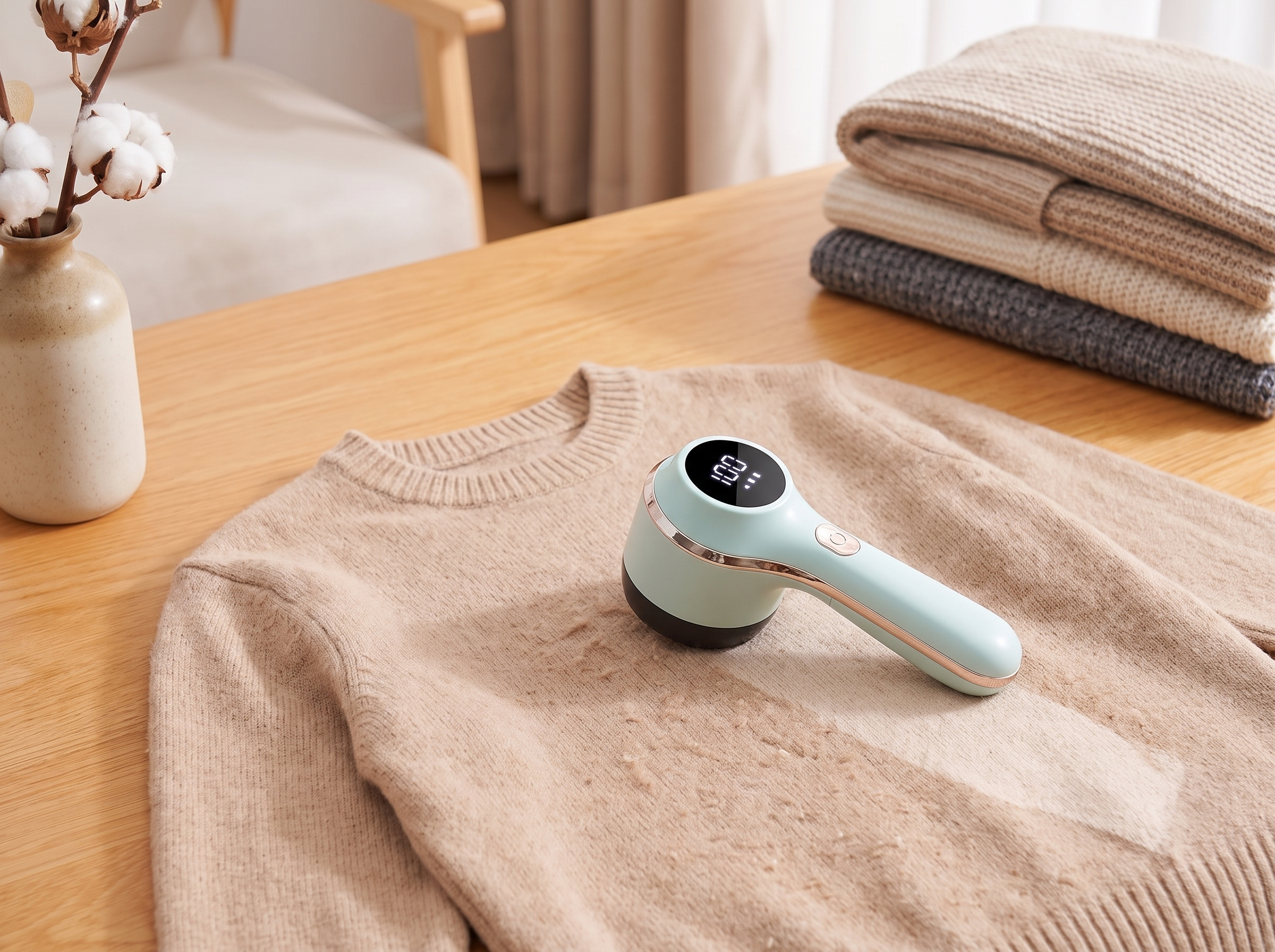 Rechargeable Fabric Lint Remover with Display – For Sweaters, Coats & Upholstery in a realistic home setting