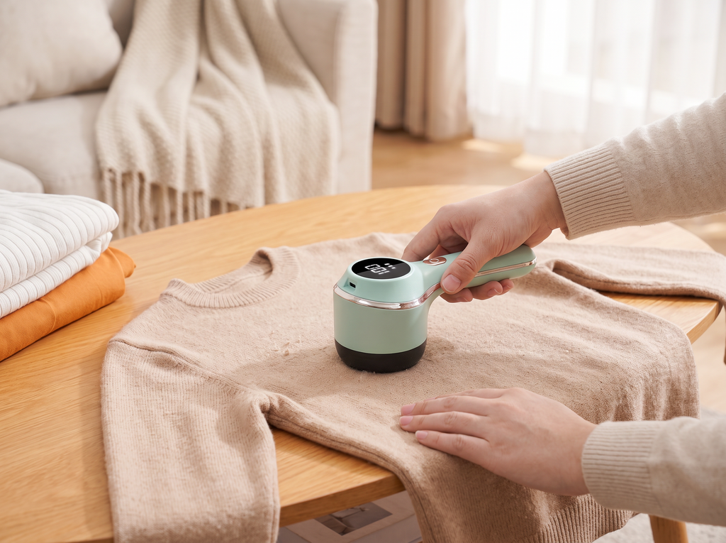 Rechargeable Fabric Lint Remover with Display – For Sweaters, Coats & Upholstery shown in natural everyday use at home
