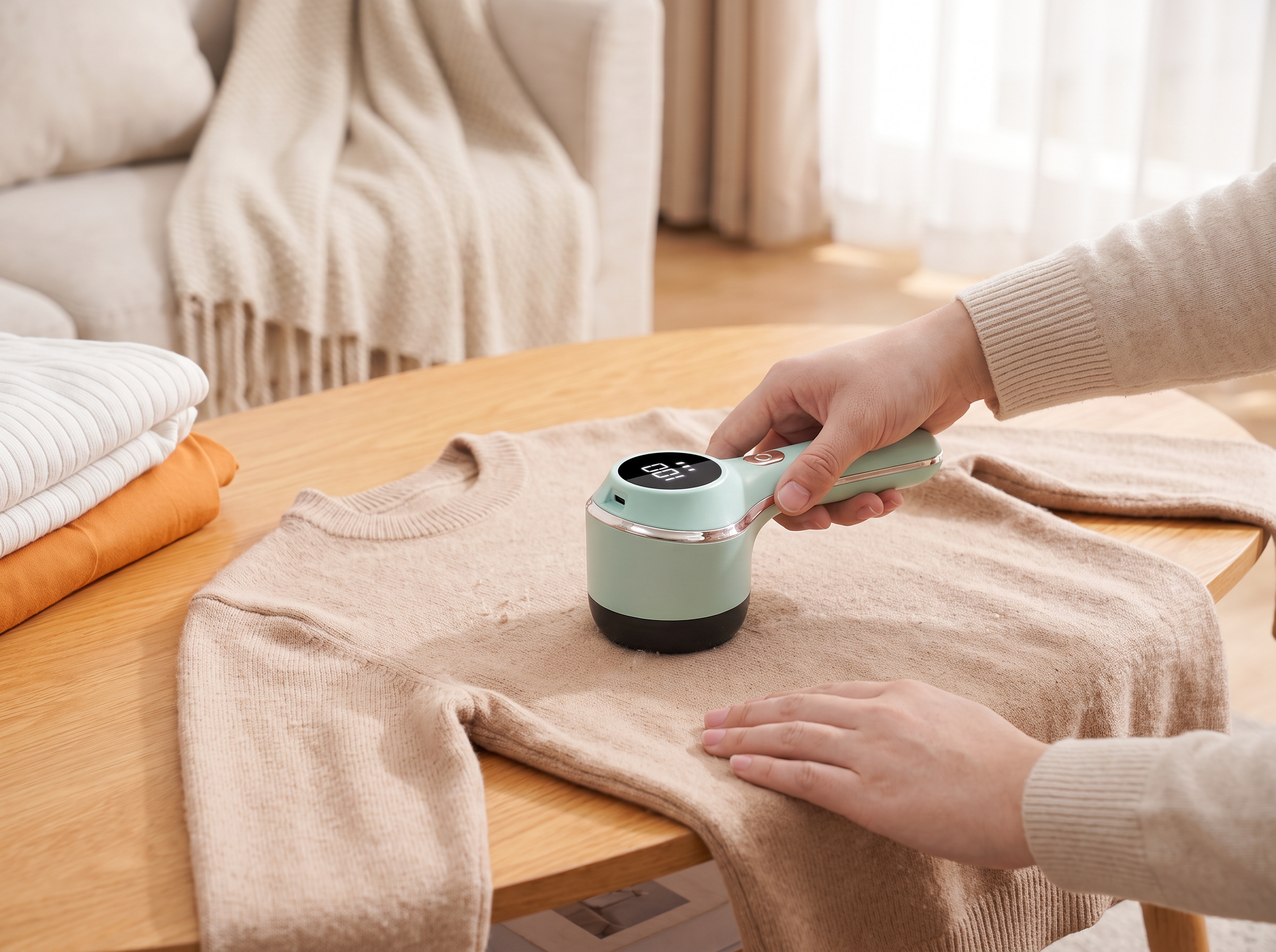 Rechargeable Fabric Lint Remover with Display – For Sweaters, Coats & Upholstery shown in natural everyday use at home