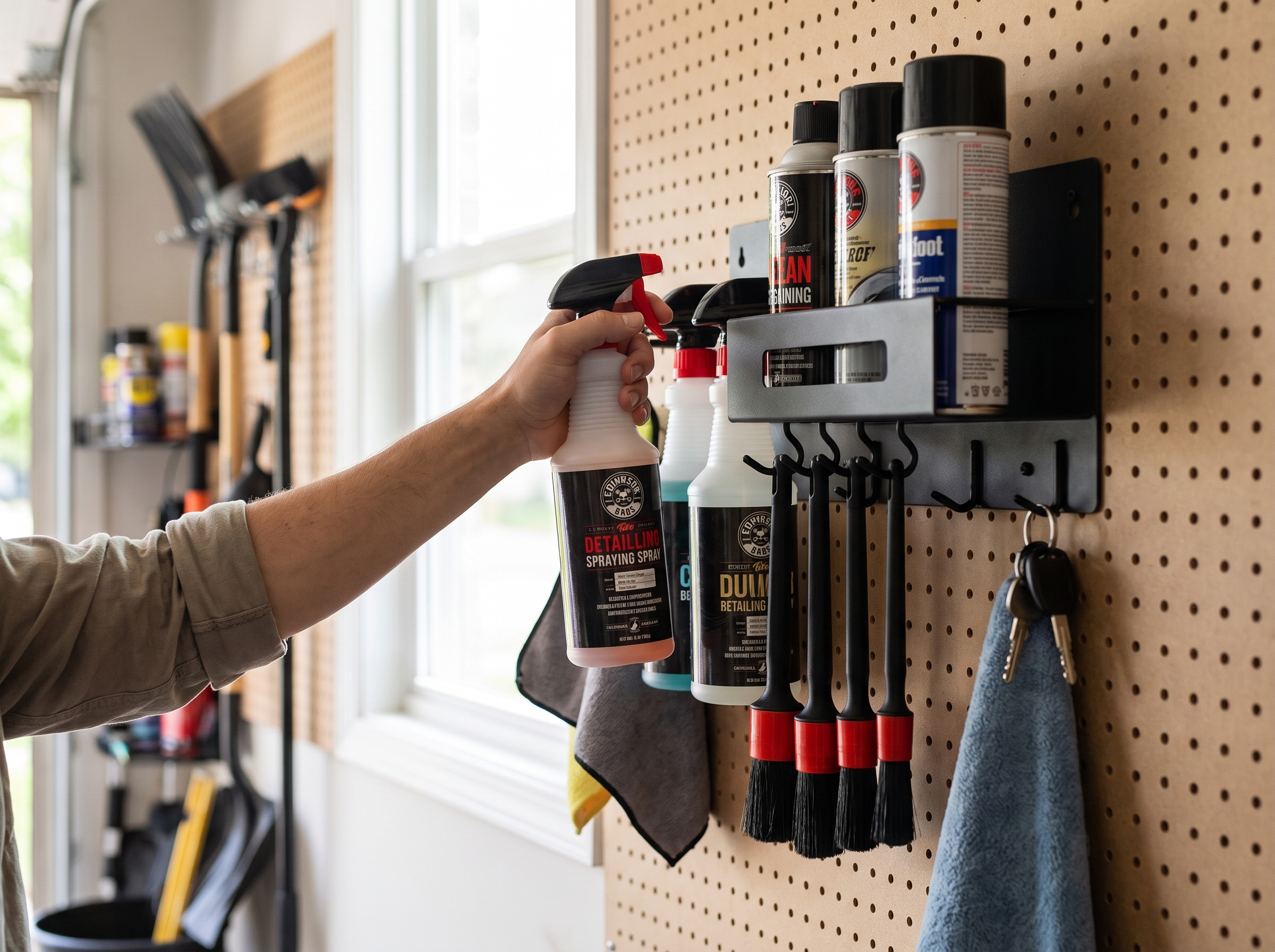 Wall-Mounted Spray Bottle and Tool Organizer Rack for Garage or Utility Room shown in natural everyday use at home