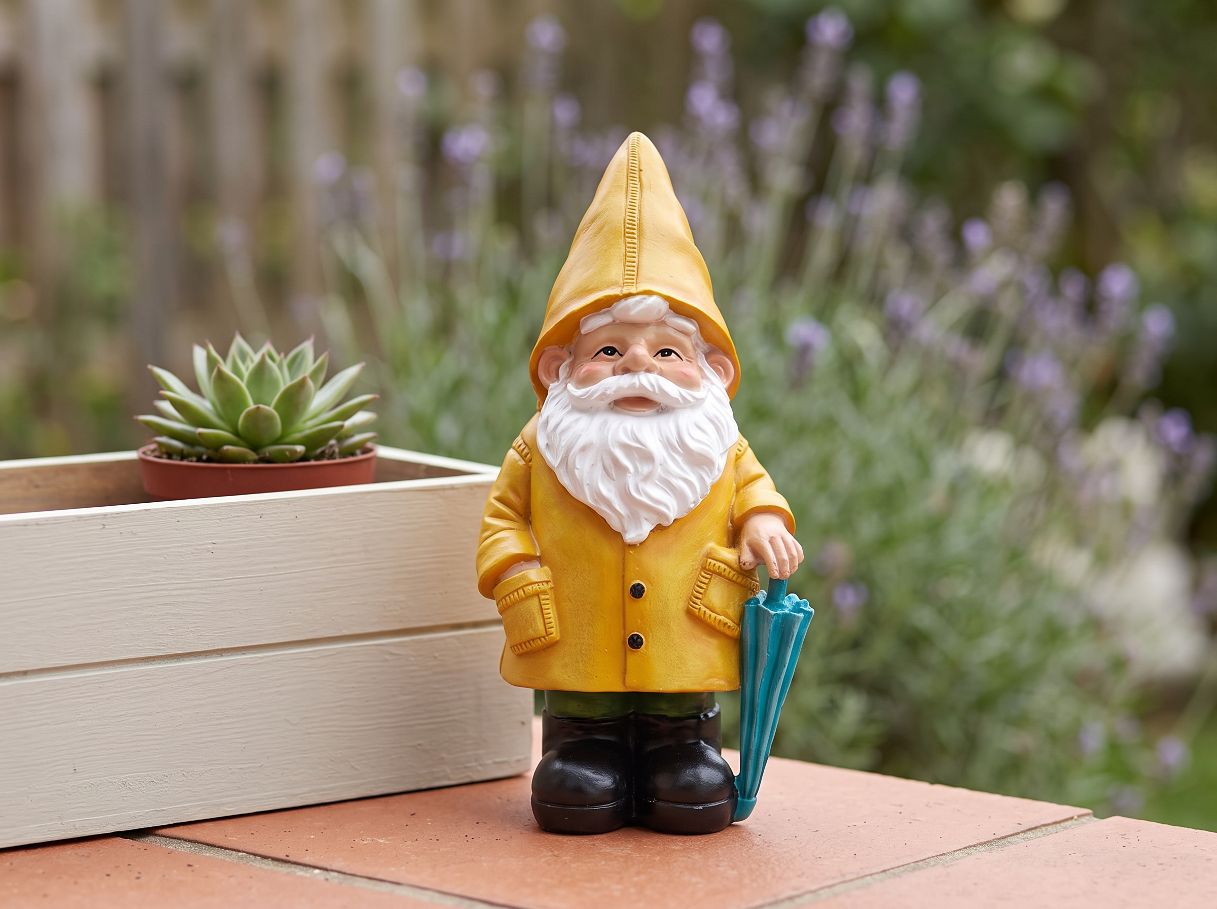 Garden Gnome Statue in Yellow Raincoat with Umbrella for Indoor or Outdoor Decor in a realistic home setting
