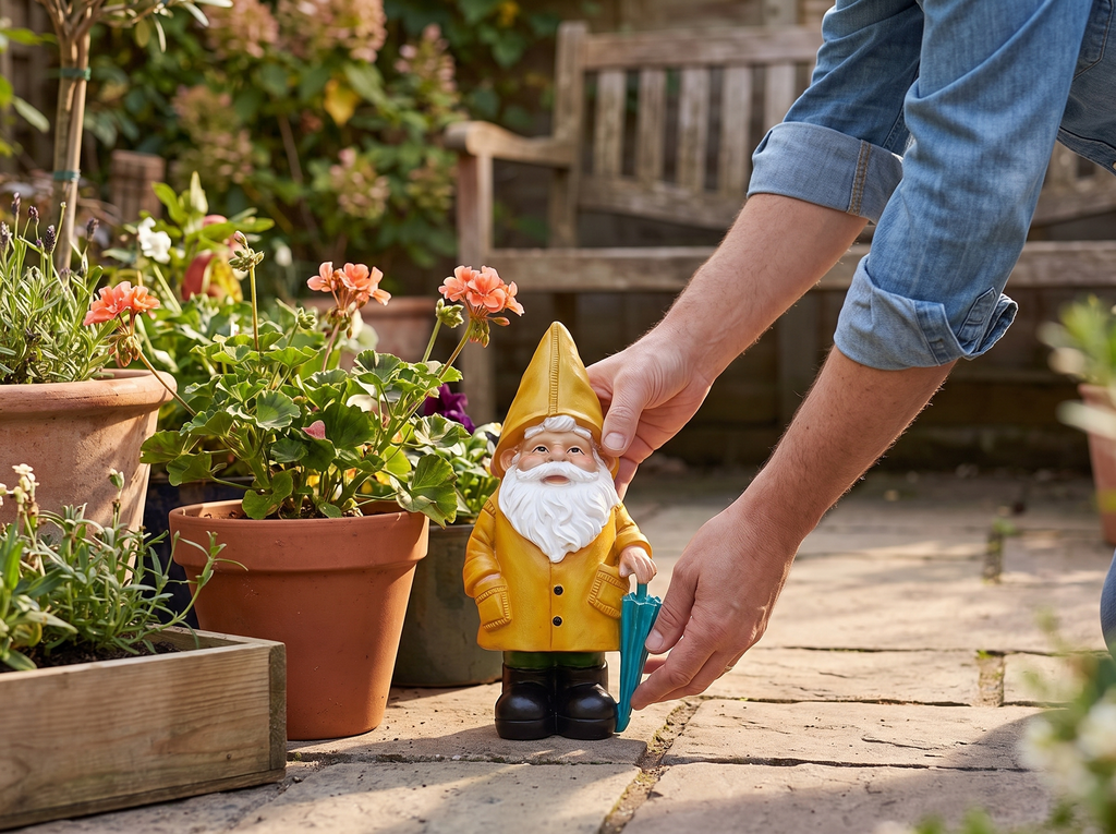 Garden Gnome Statue in Yellow Raincoat with Umbrella for Indoor or Outdoor Decor shown in natural everyday use at home