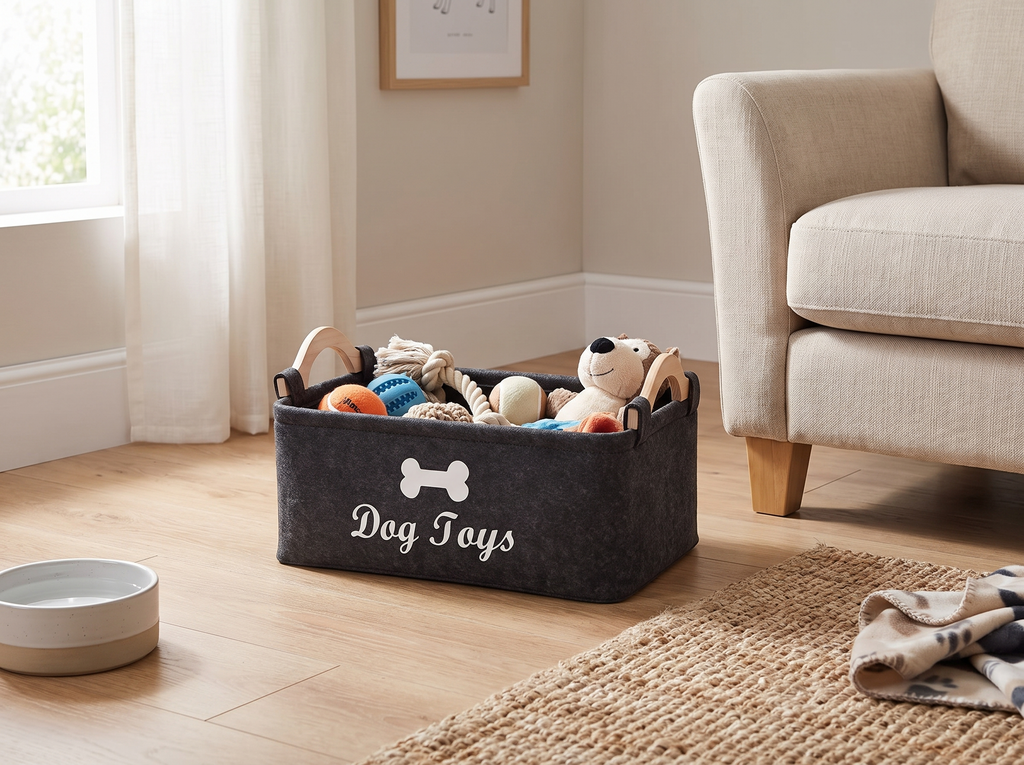 Felt Dog Toy Storage Basket with Handles for Living Room or Entryway in a realistic home setting