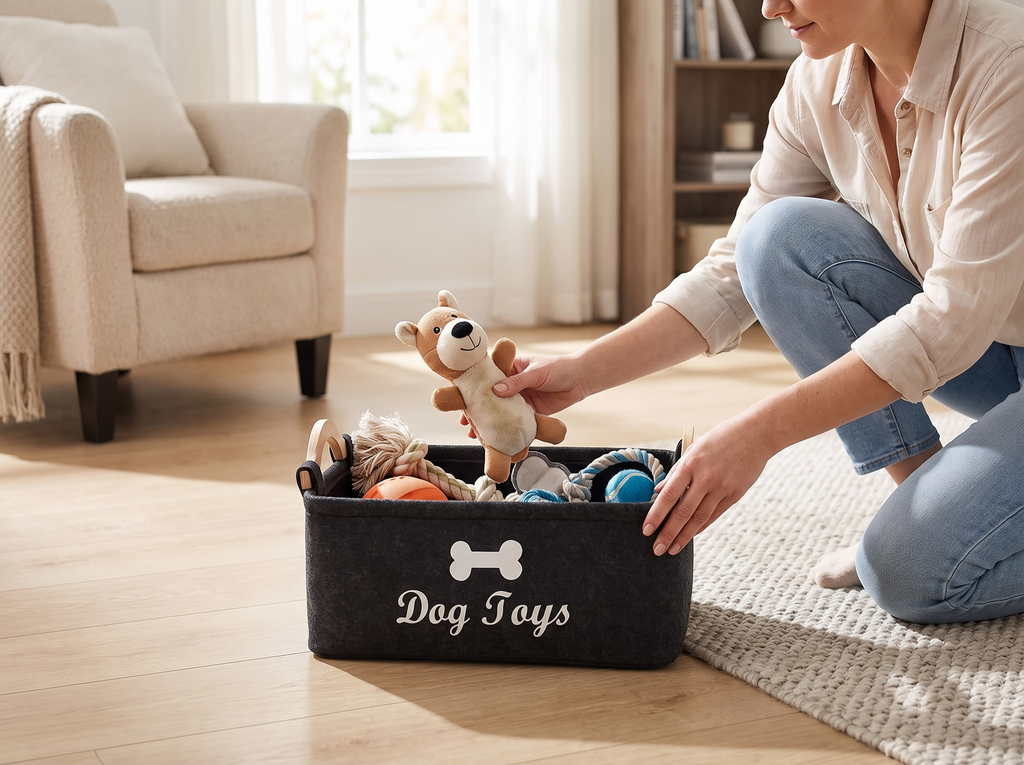 Felt Dog Toy Storage Basket with Handles for Living Room or Entryway shown in natural everyday use at home