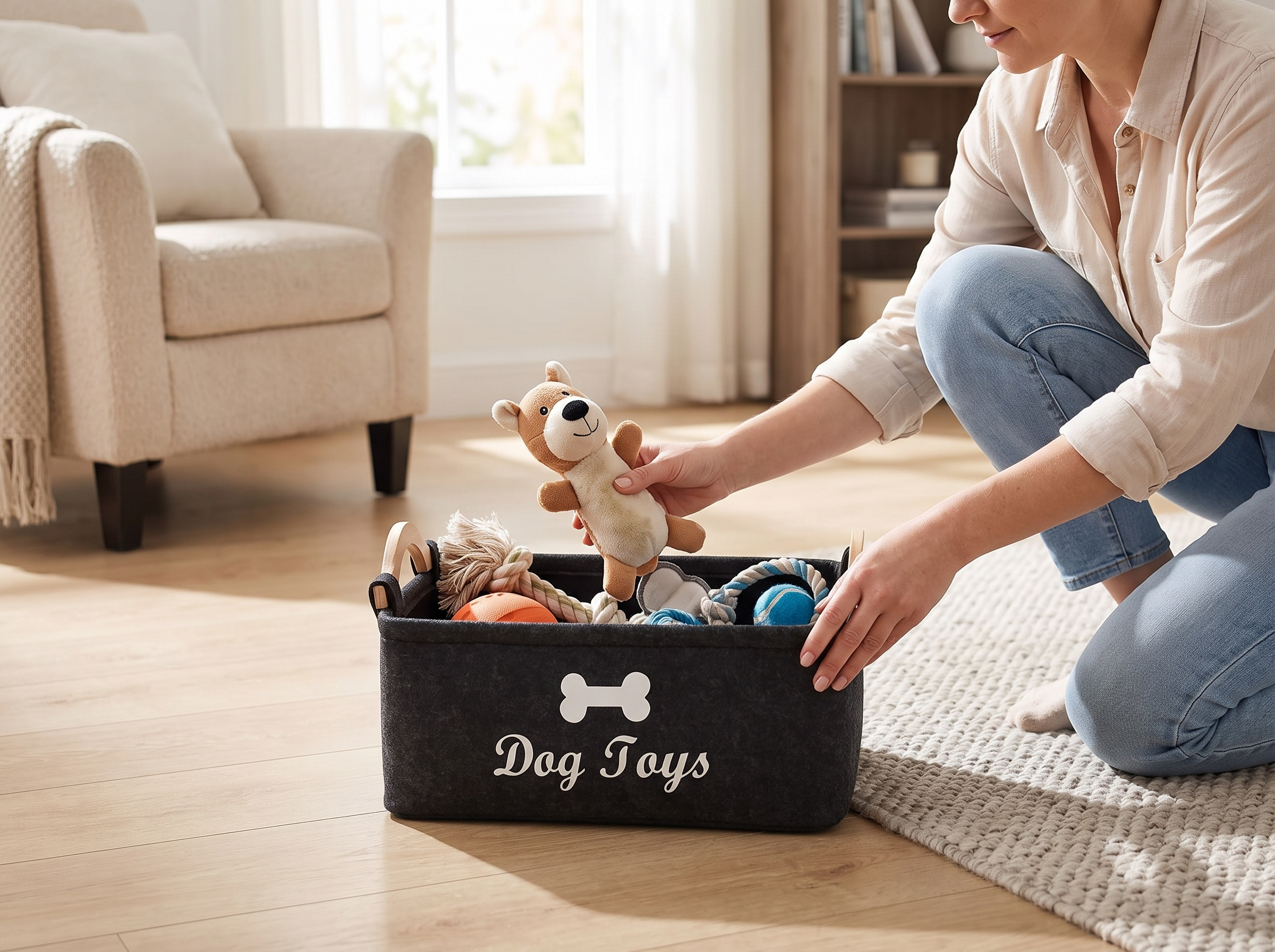 Felt Dog Toy Storage Basket with Handles for Living Room or Entryway shown in natural everyday use at home